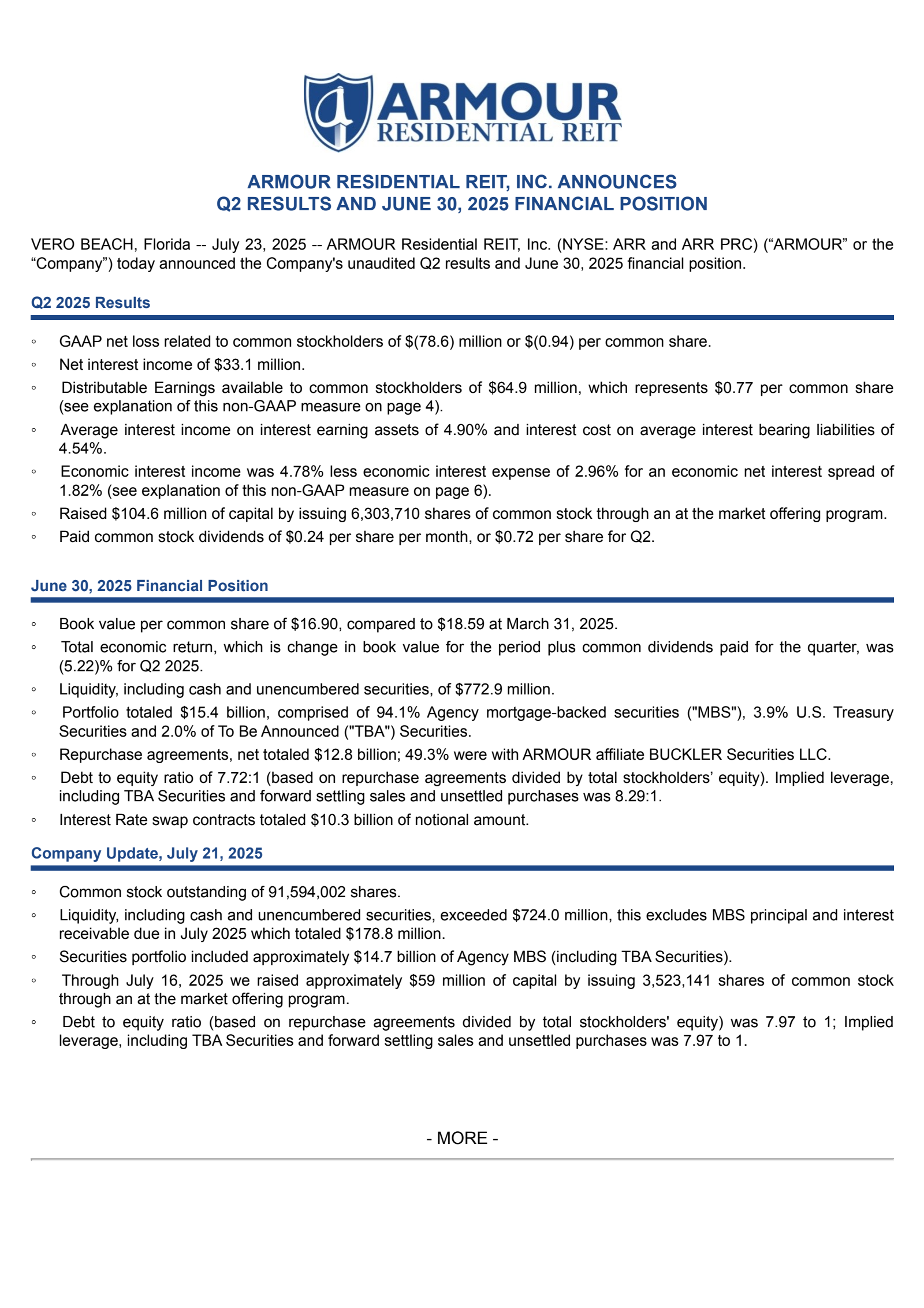 ARMOUR Residential REIT's Q2 2025 Press Release