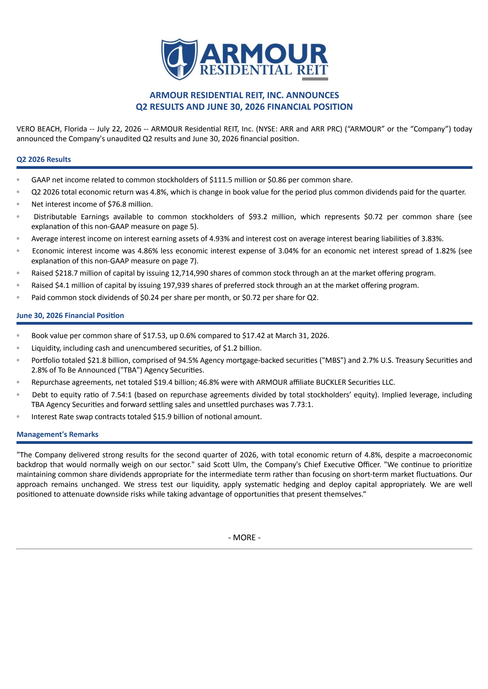 ARMOUR Residential REIT's Q2 2026 Press Release