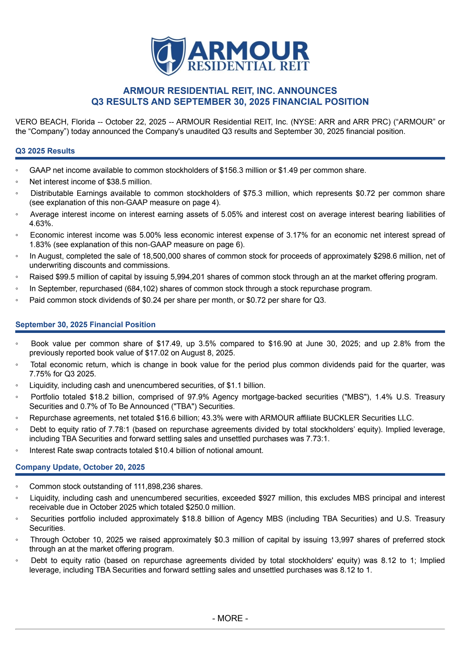 ARMOUR Residential REIT's Q3 2025 Earnings Release