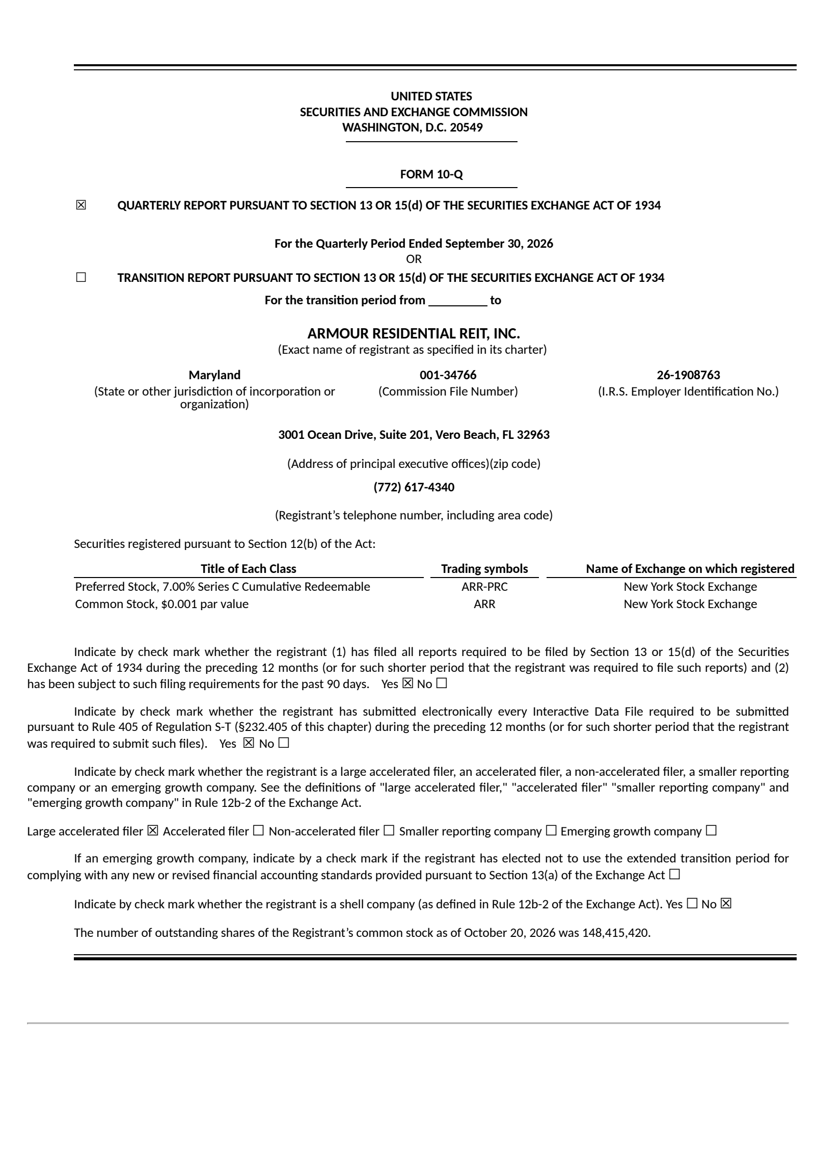 ARMOUR Residential REIT's Q3 2026 Quarterly report