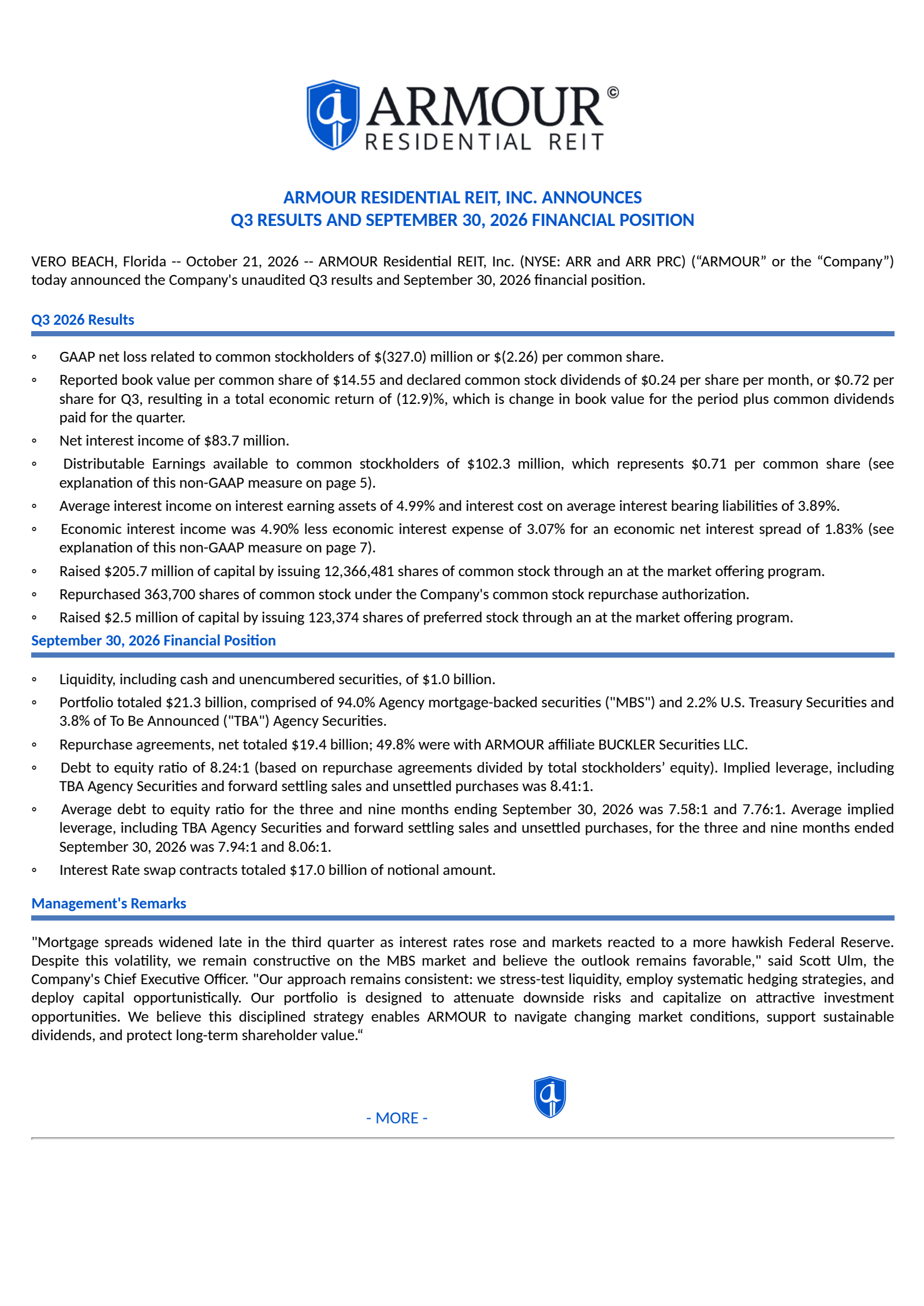 ARMOUR Residential REIT's Q3 2026 Press Release