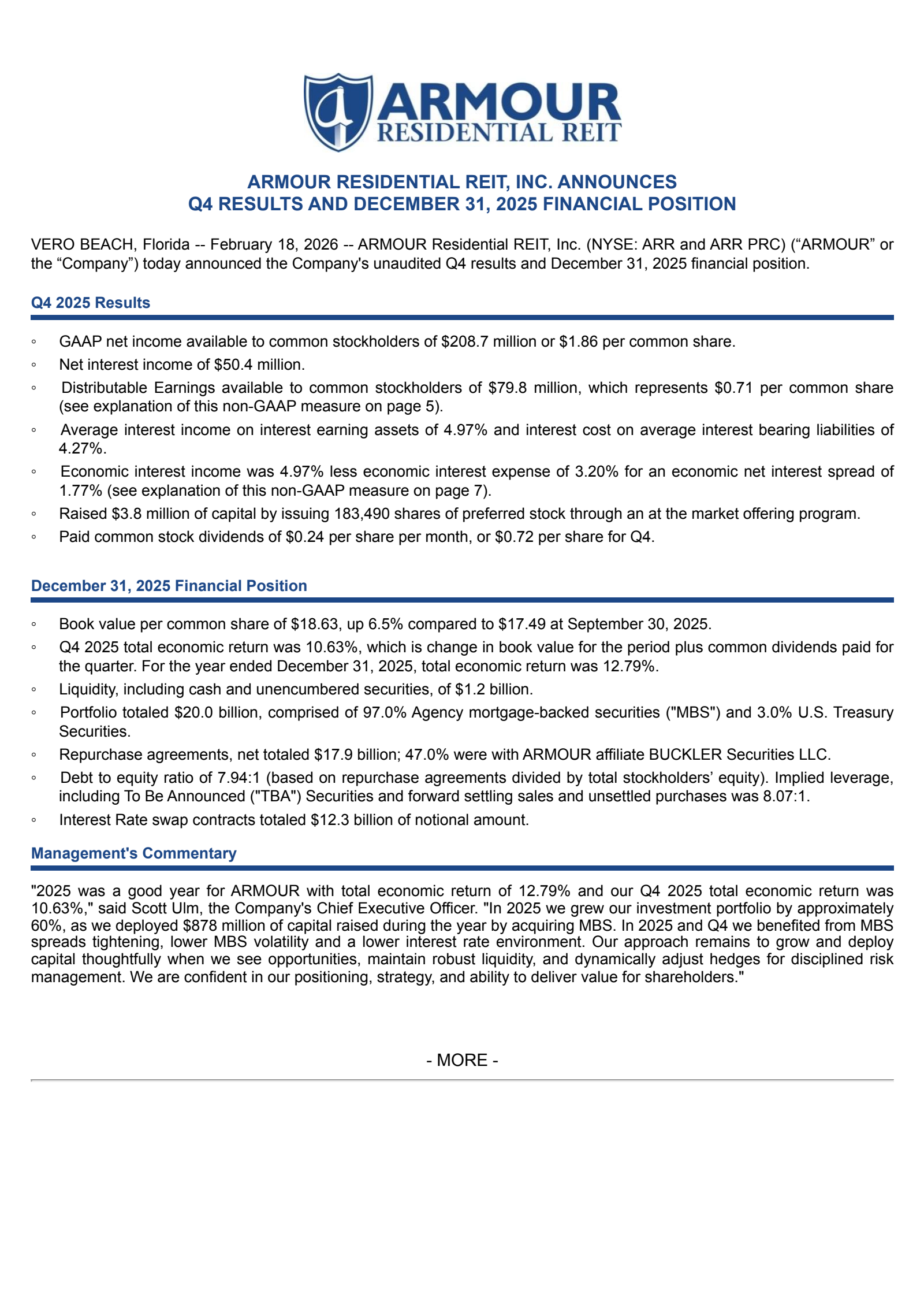 ARMOUR Residential REIT's Q4 2025 Press Release