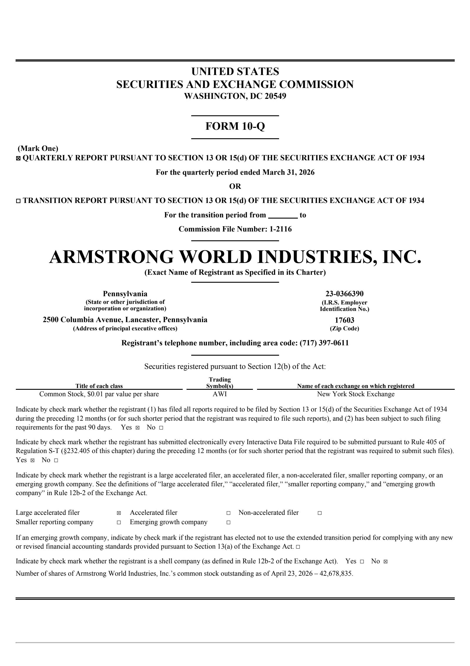 Armstrong World Industries' Q1 2026 Quarterly report