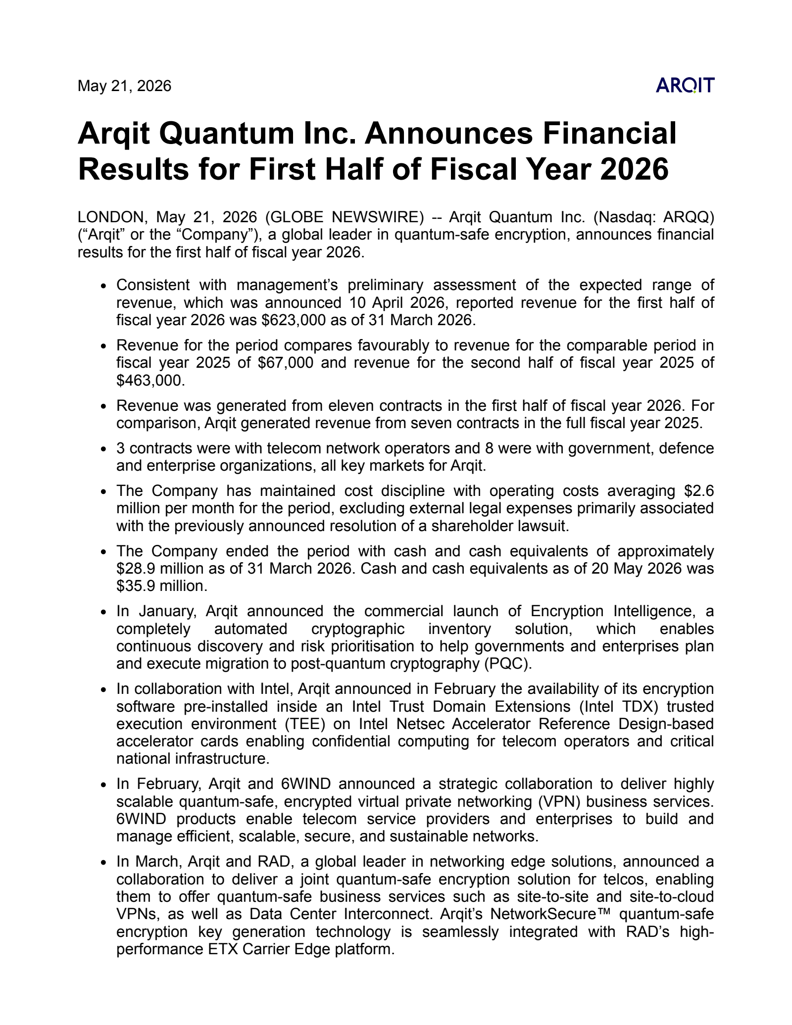 Arqit Quantum's H1 2026 Press Release