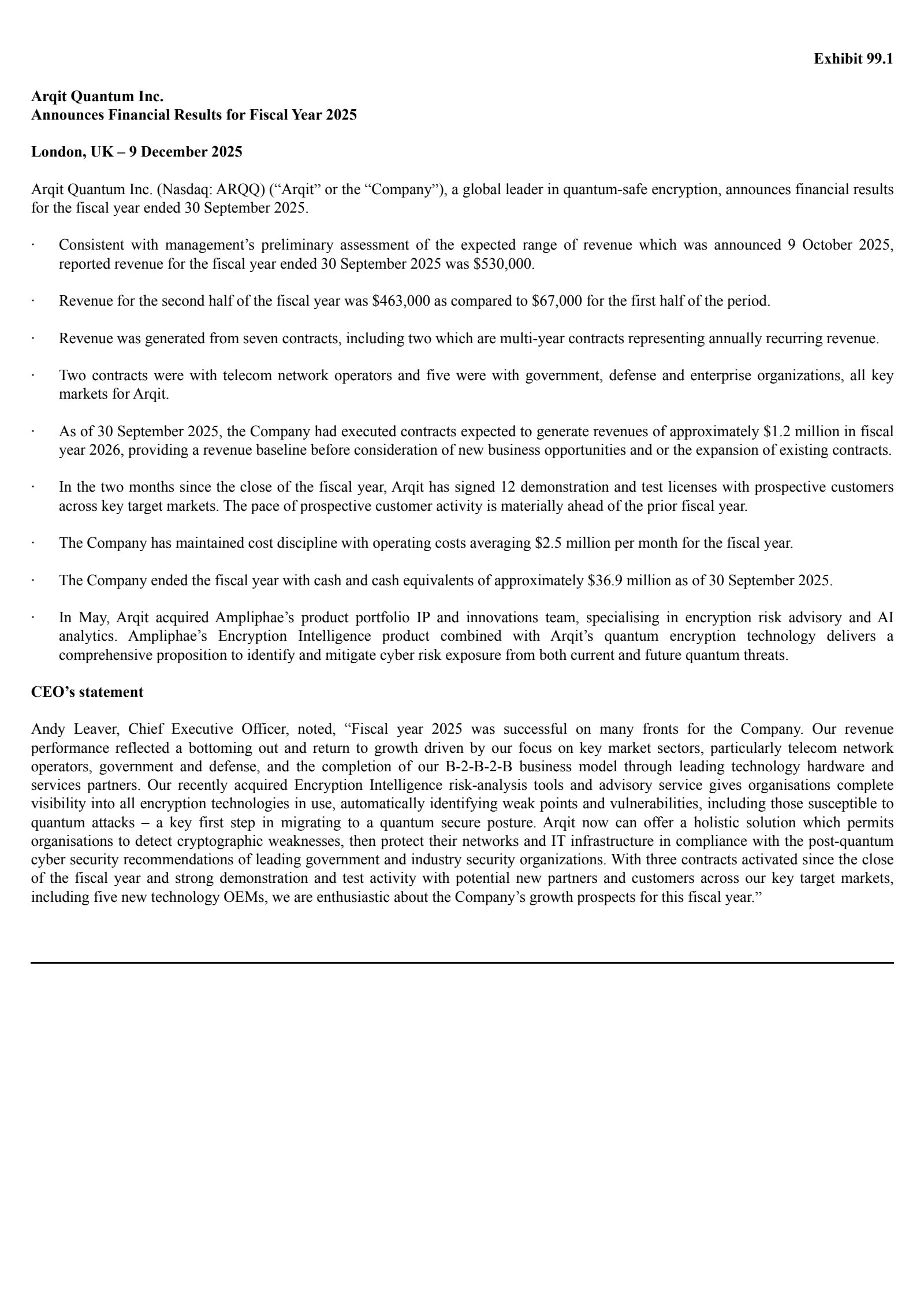 Arqit Quantum's H2 2025 Earnings Release