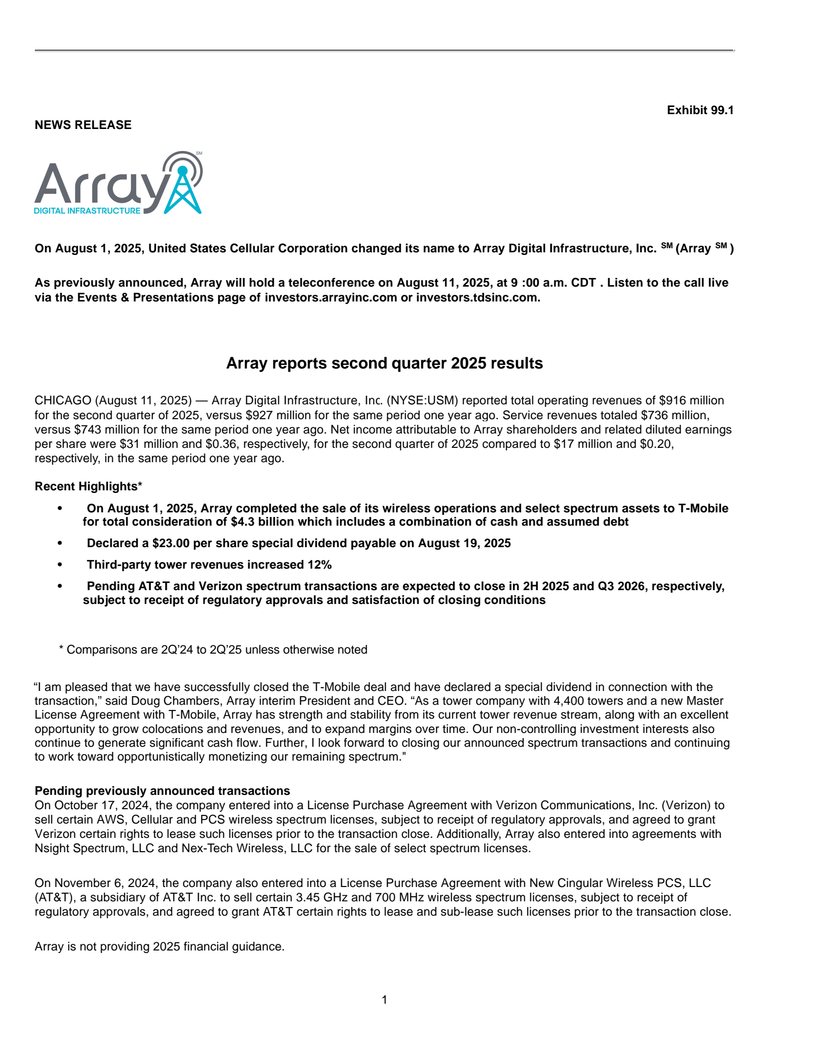 United States Cellular's Q2 2025 Press Release