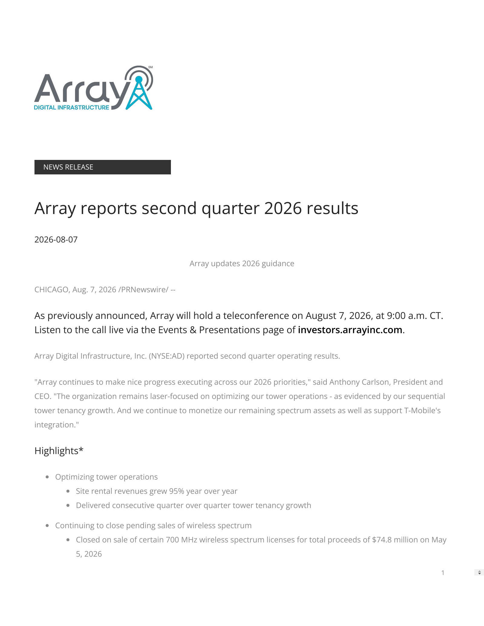 Array Digital Infrastructure's Q2 2026 Press Release