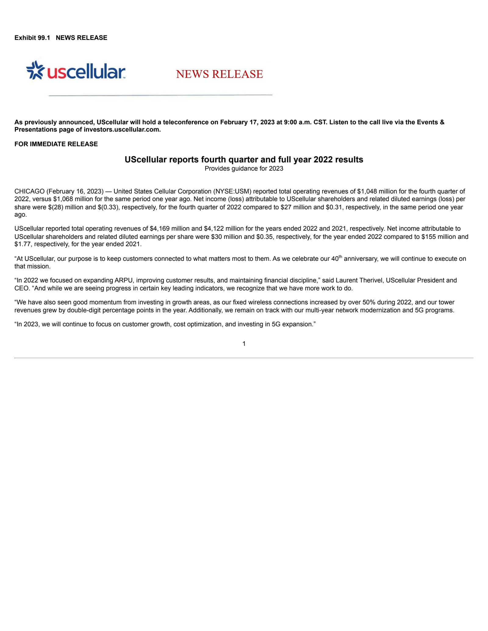 United States Cellular's Q4 2022 Earnings Release