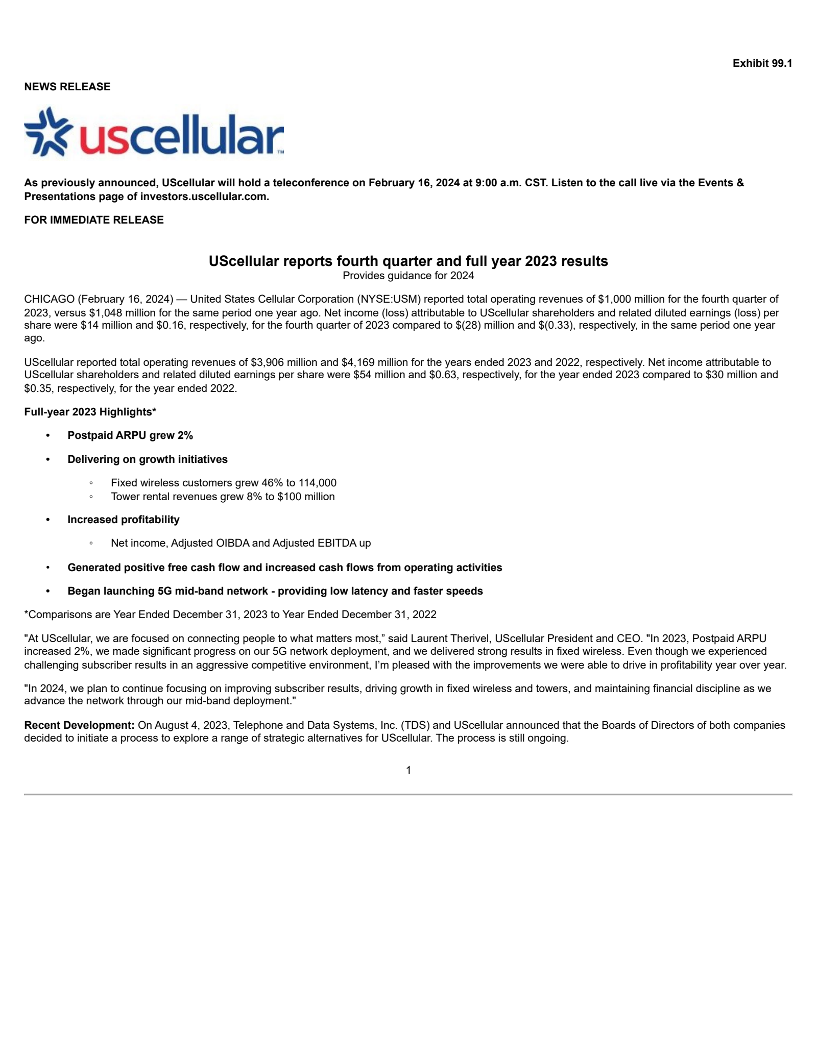 United States Cellular's Q4 2023 Earnings Release