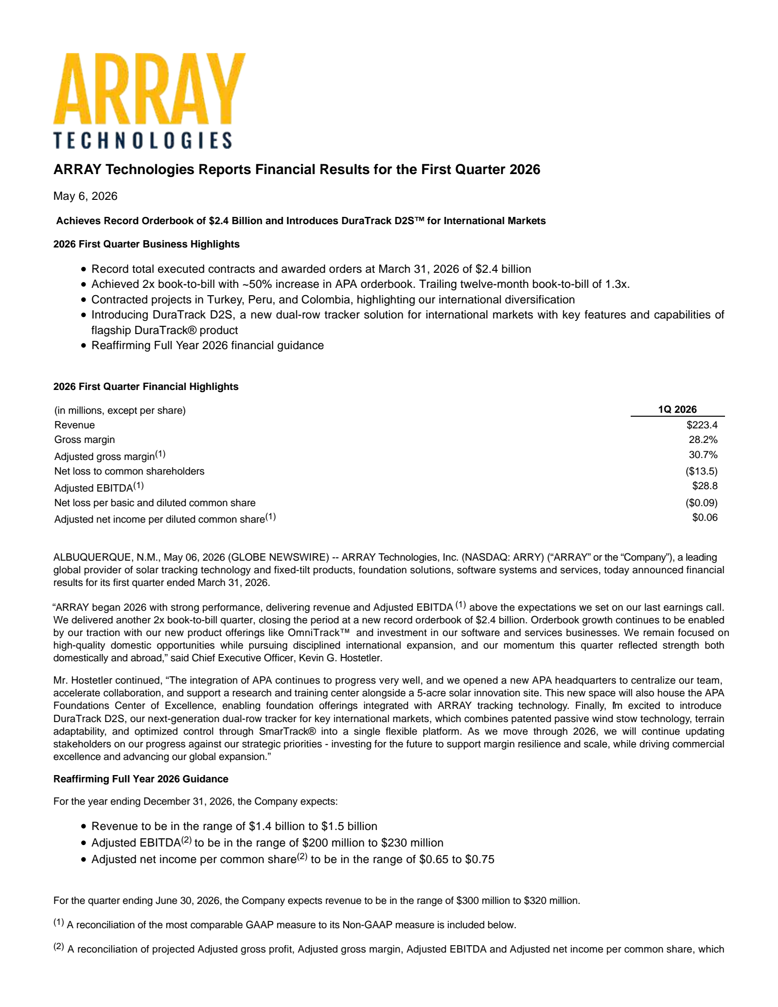 Array Technologies' Q1 2026 Press Release