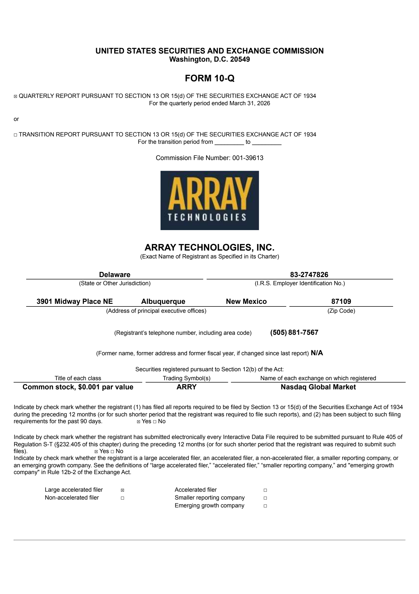 Array Technologies' Q1 2026 Quarterly report