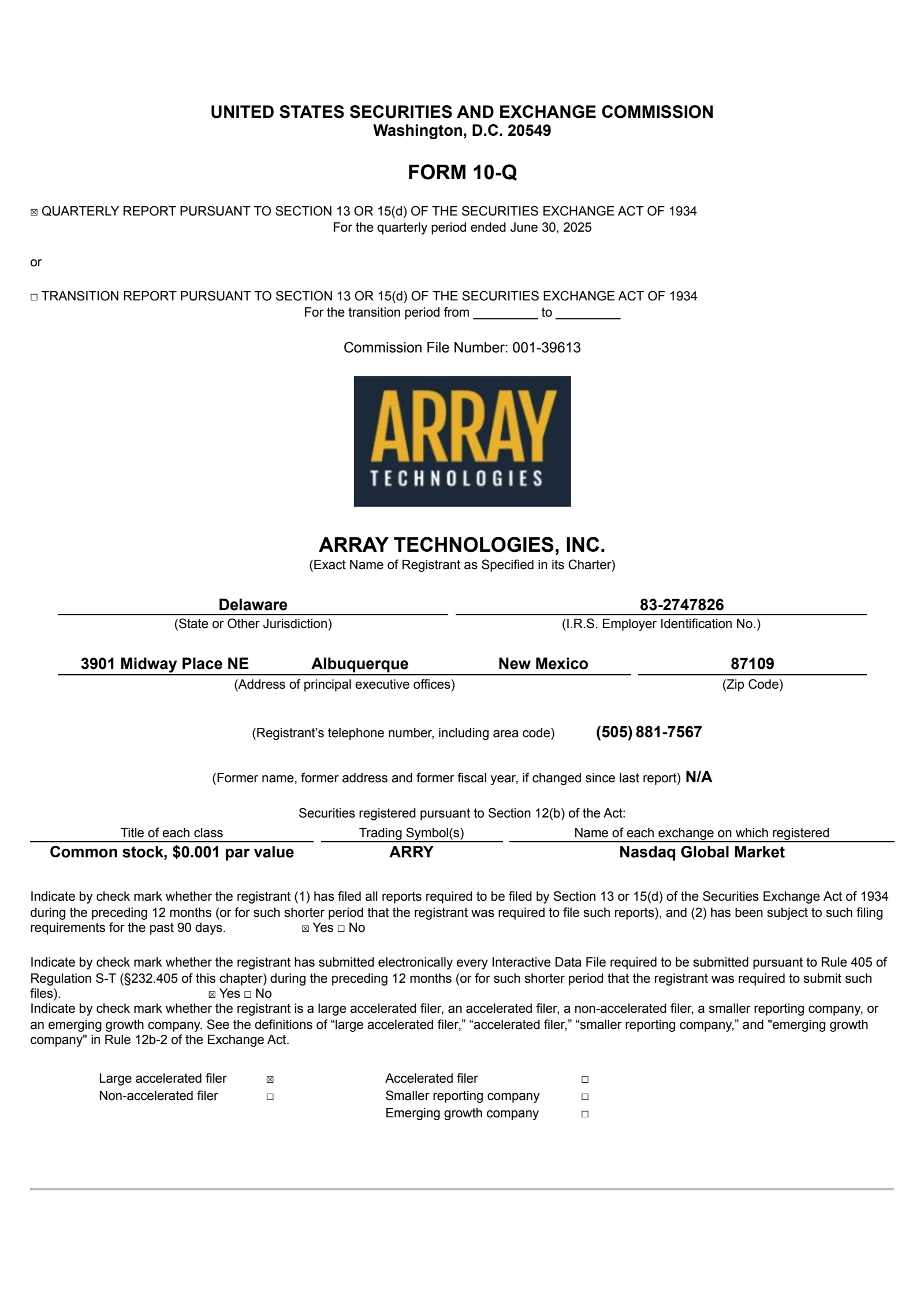 Array Technologies' Q2 2025 Quarterly report