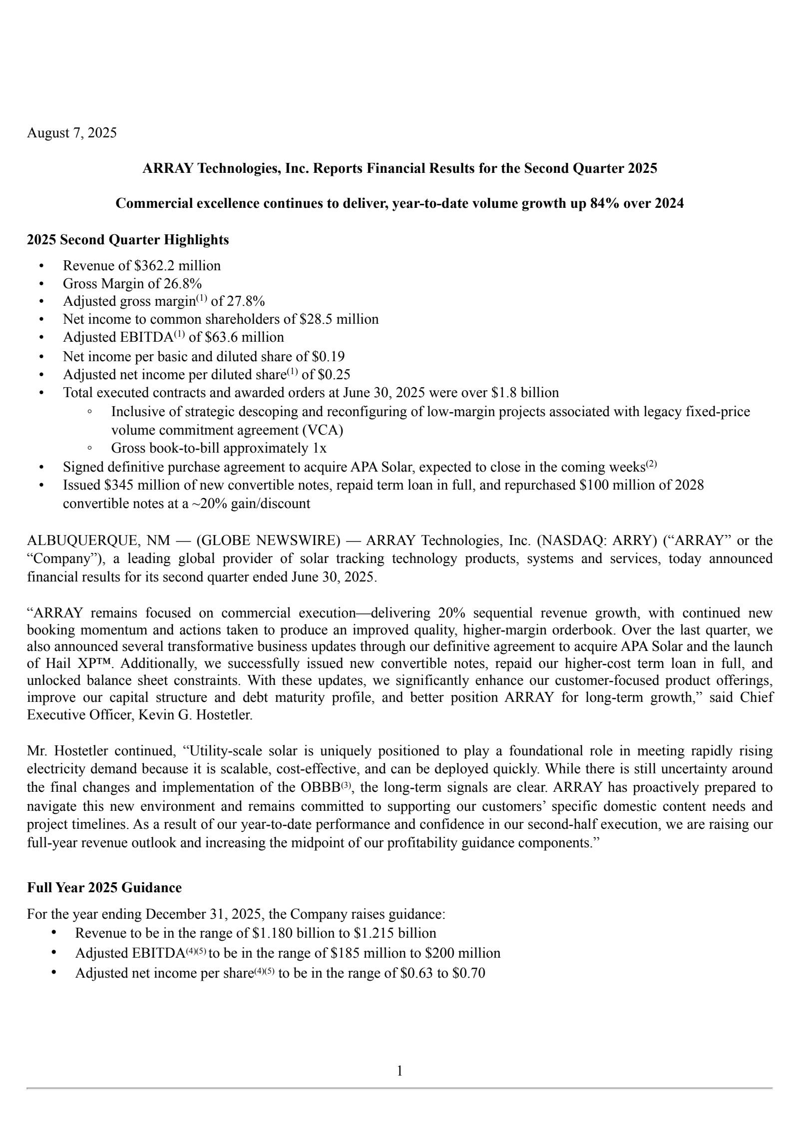Array Technologies' Q2 2025 Press Release