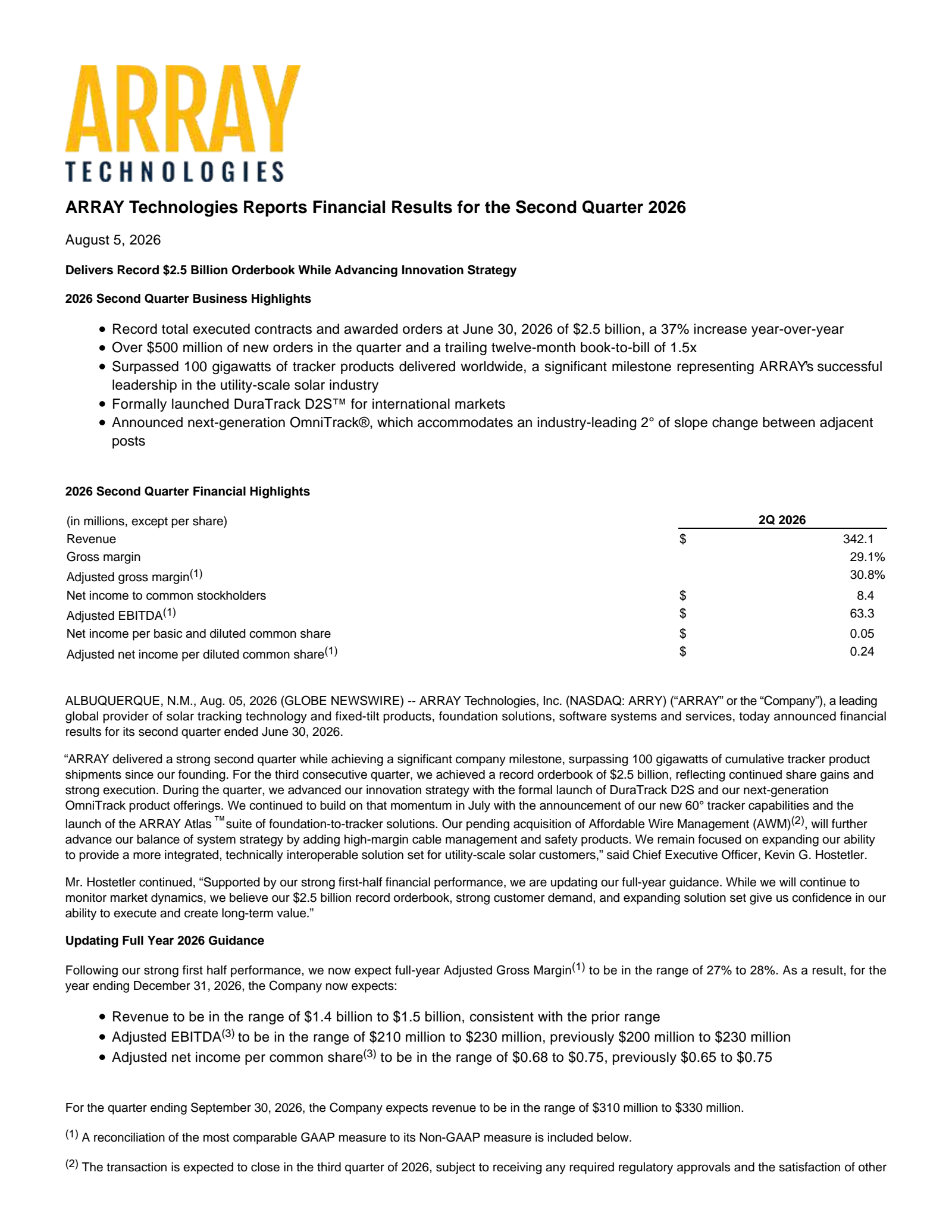 Array Technologies' Q2 2026 Press Release