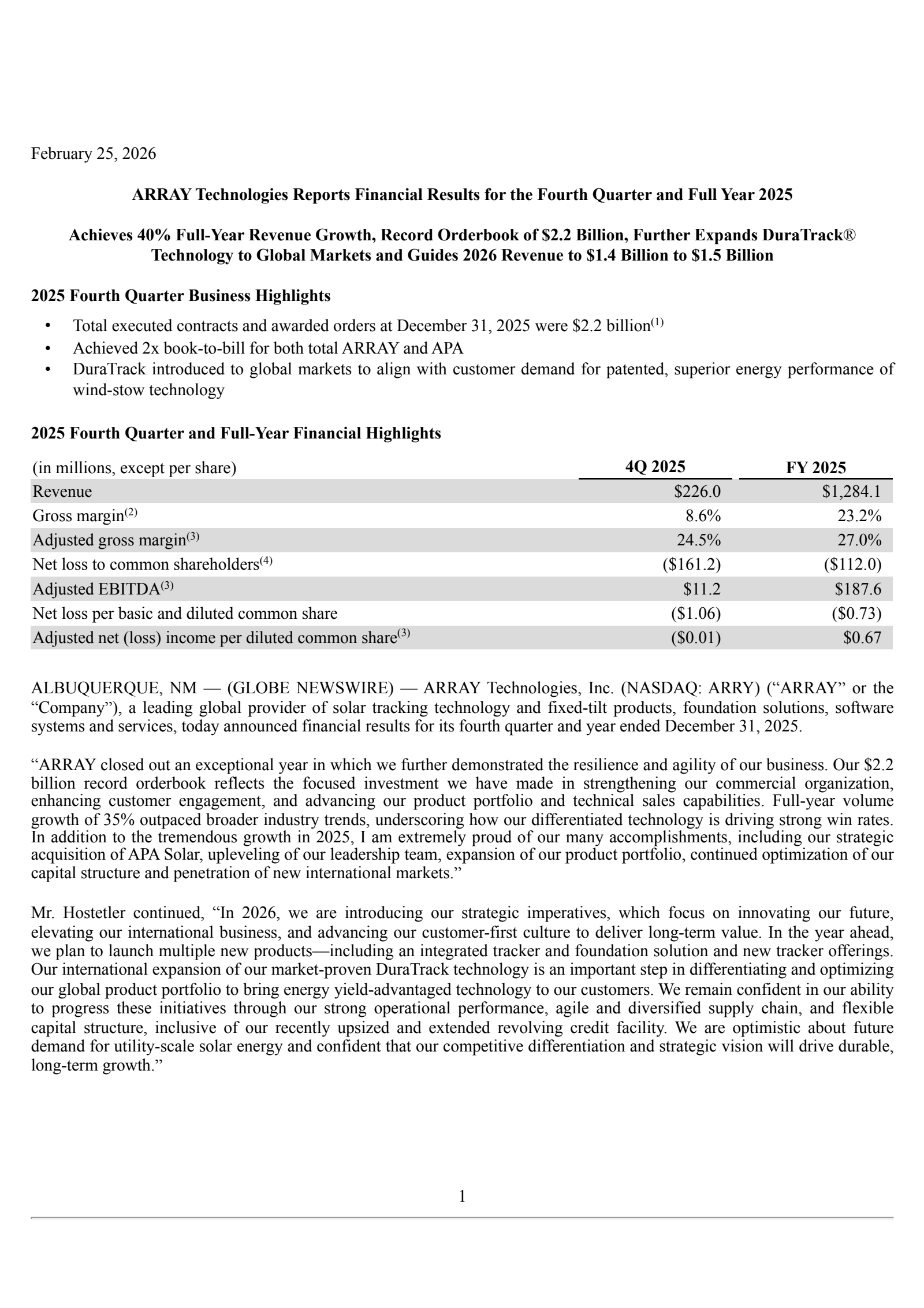 Array Technologies' Q4 2025 Press Release