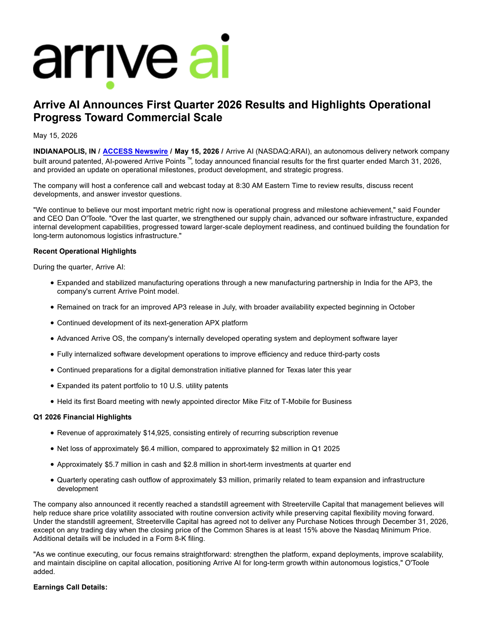 Arrive AI's Q1 2026 Press Release