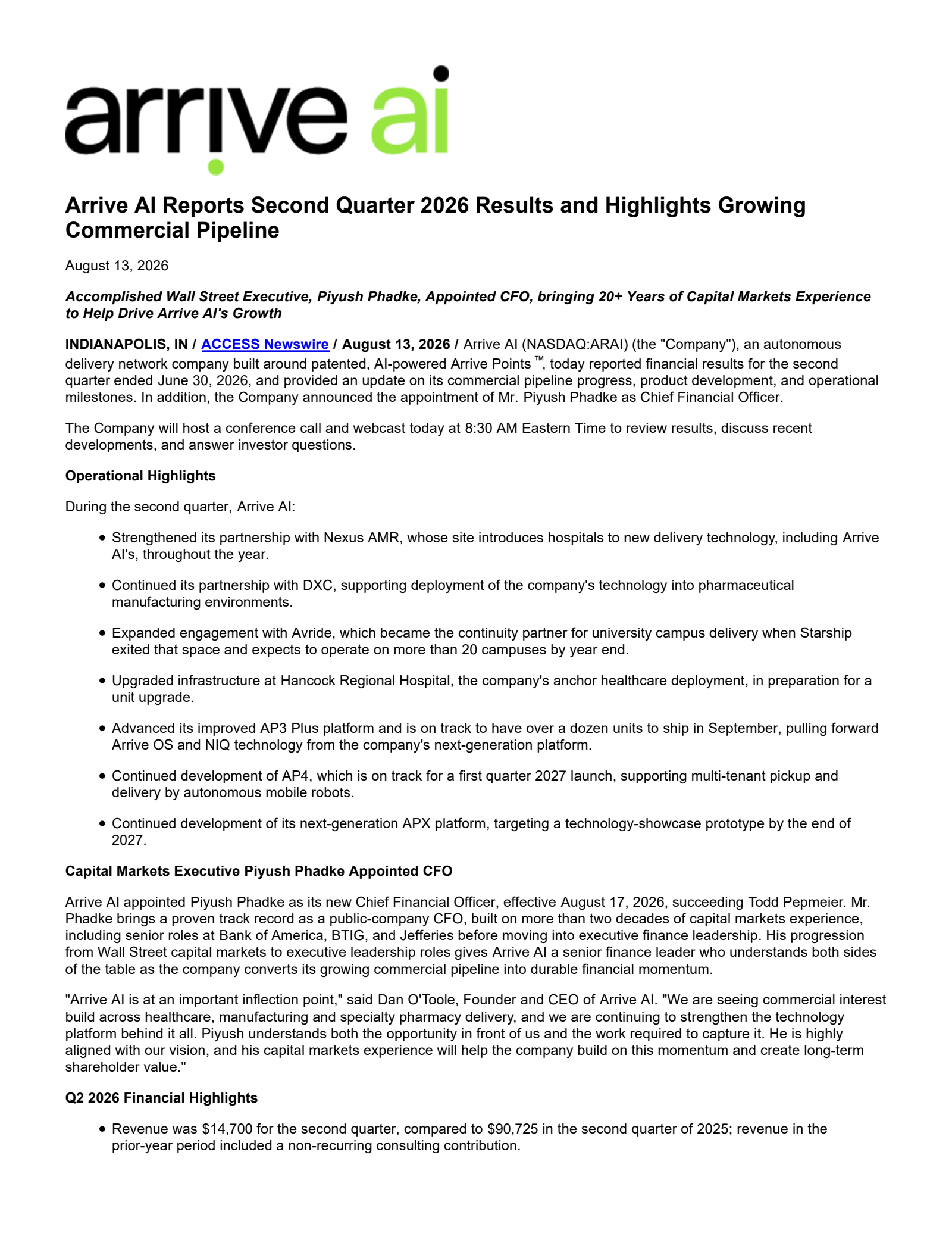 Arrive AI's Q2 2026 Press Release