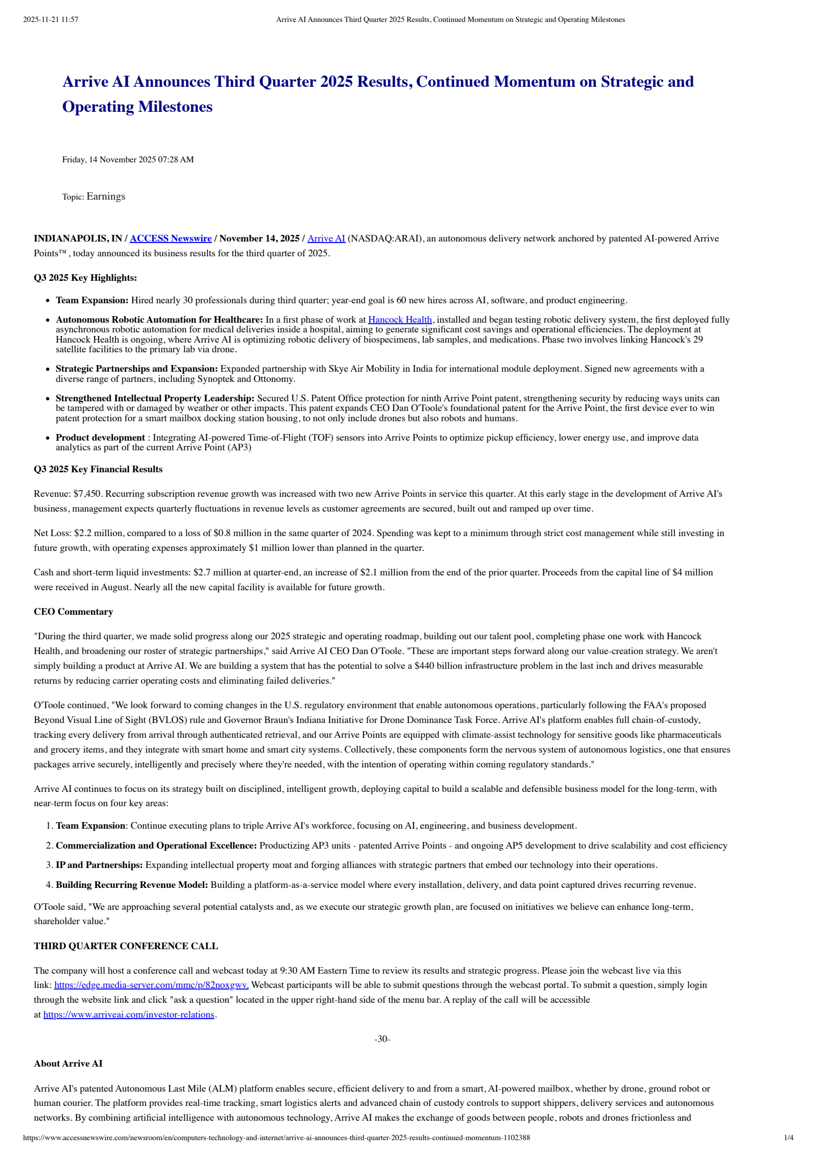 Arrive AI's Q3 2025 Earnings Release