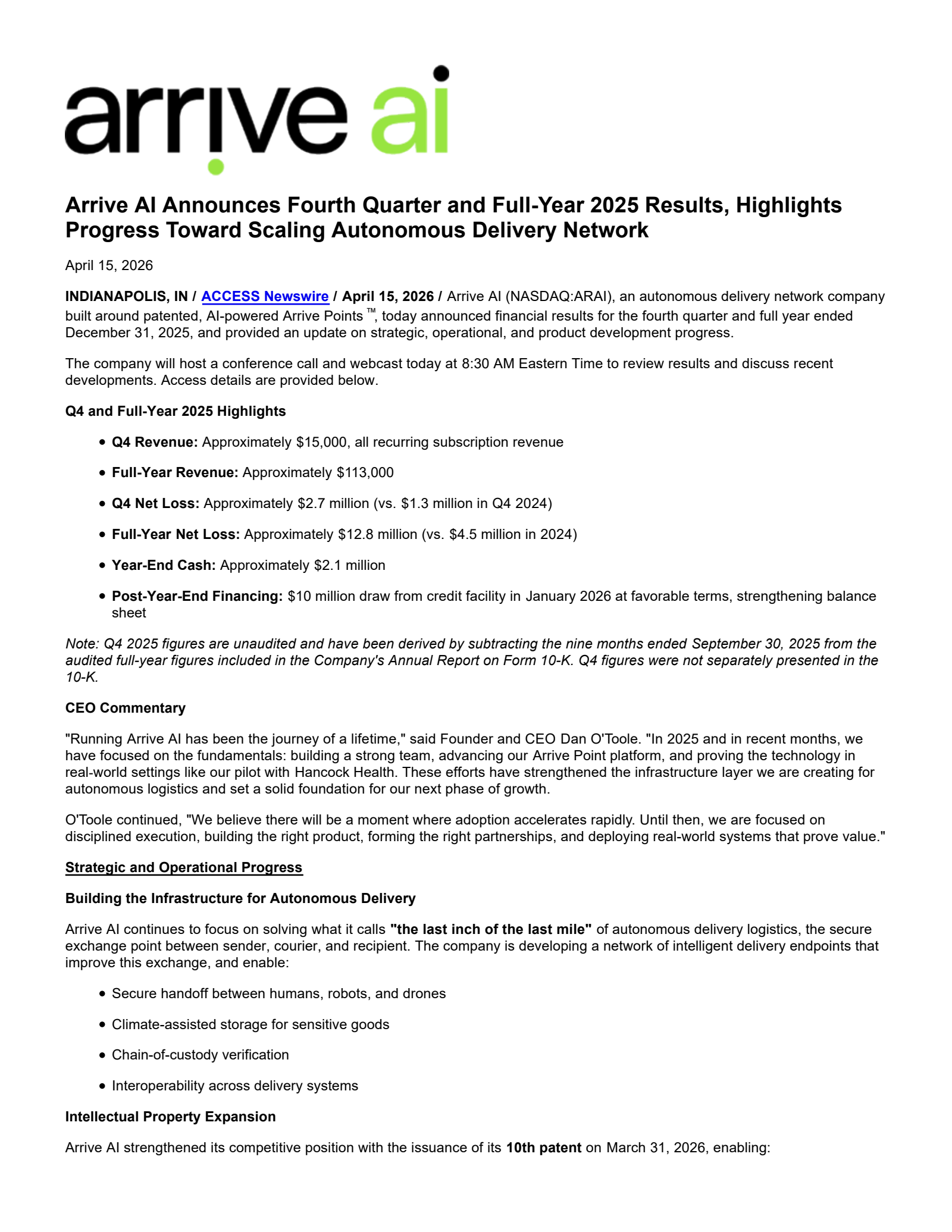Arrive AI's Q4 2025 Press Release