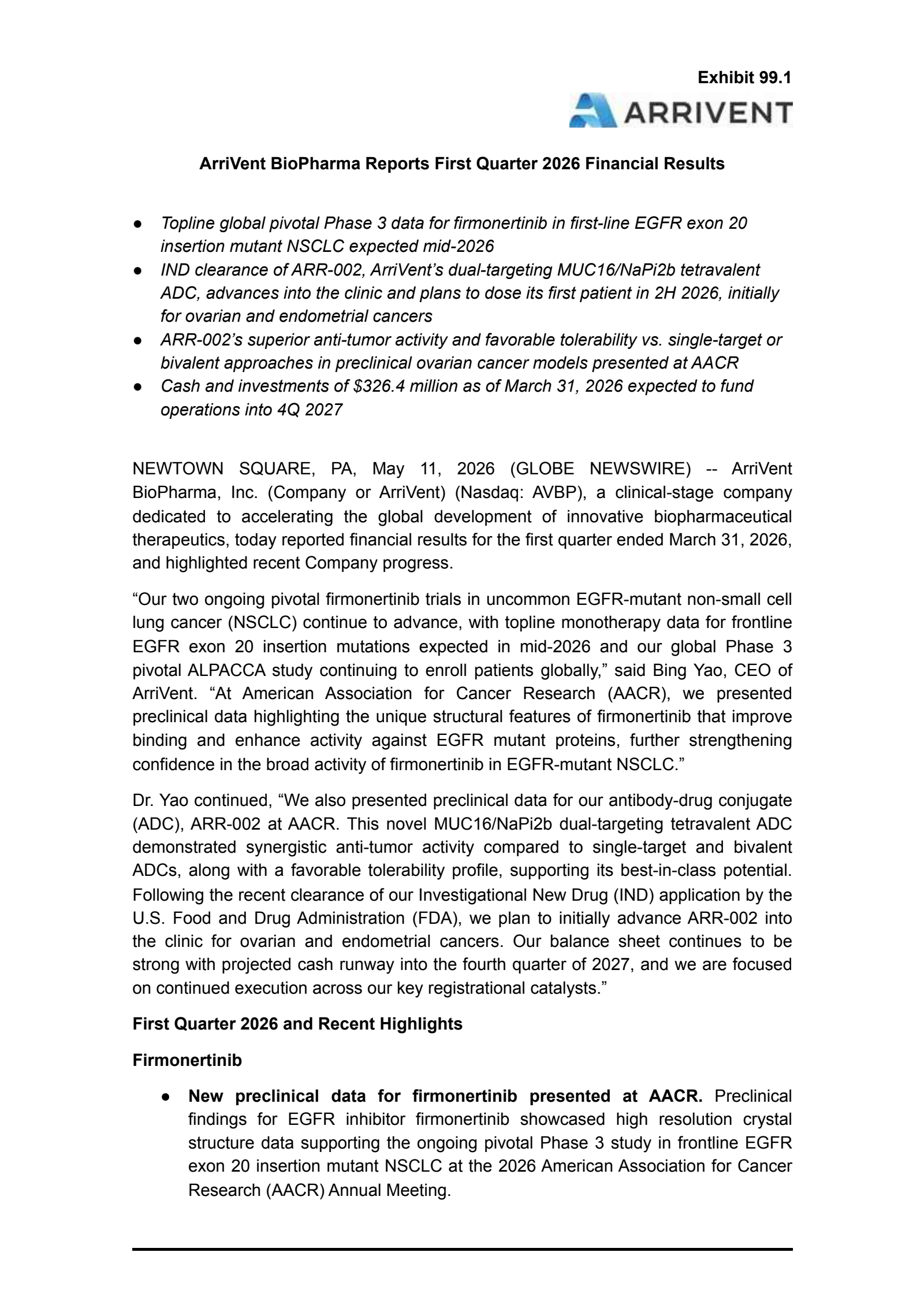 ArriVent BioPharma's Q1 2026 Press Release