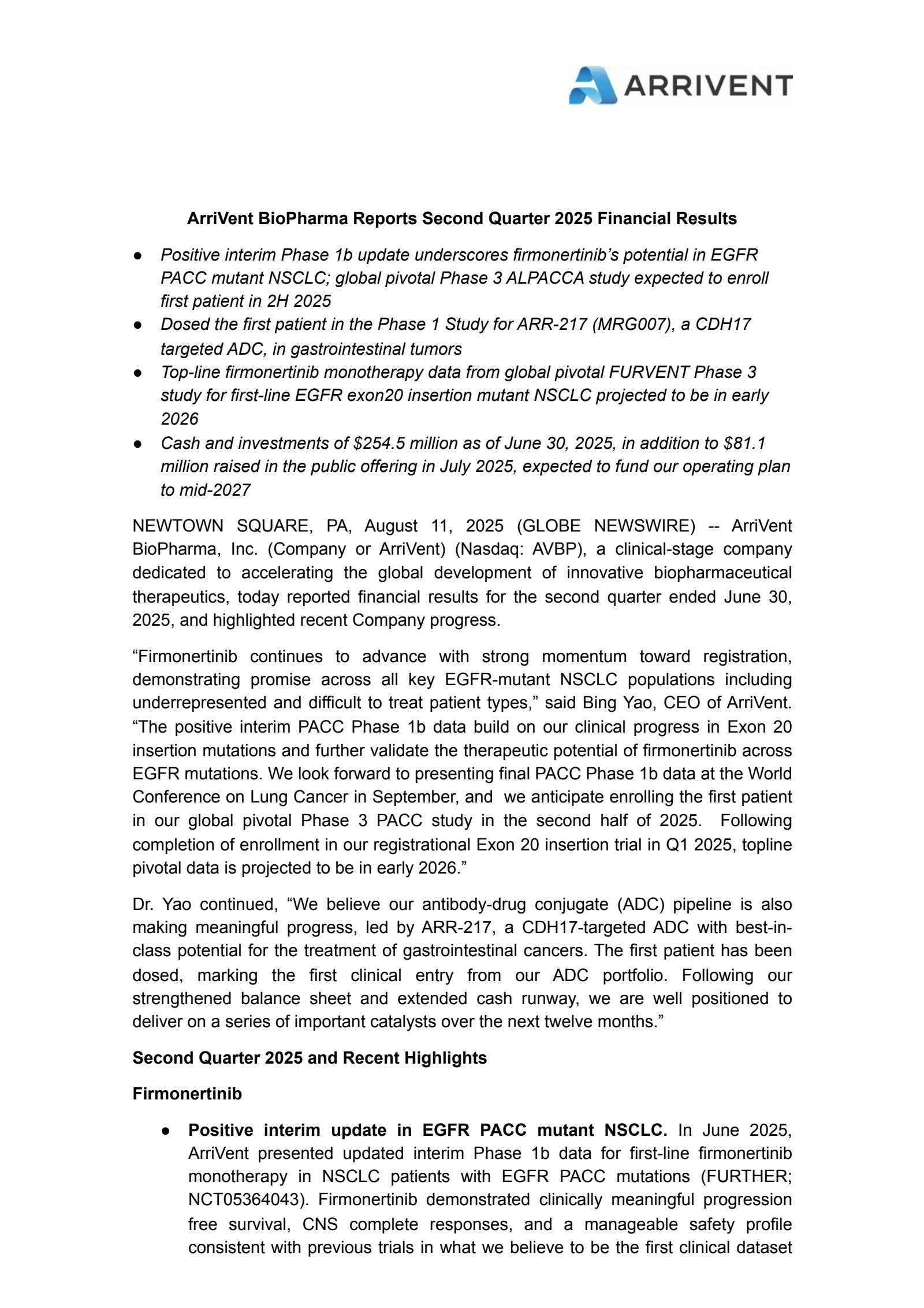 ArriVent BioPharma's Q2 2025 Press Release