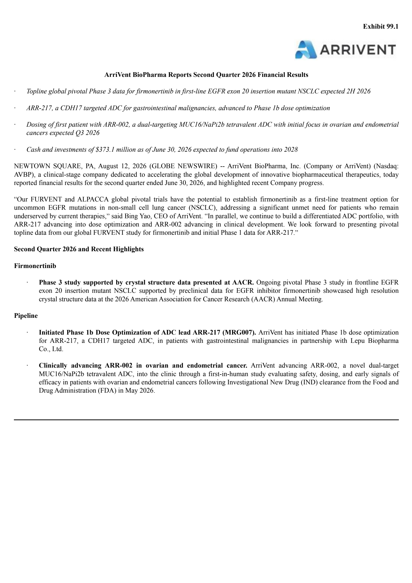 ArriVent BioPharma's Q2 2026 Press Release