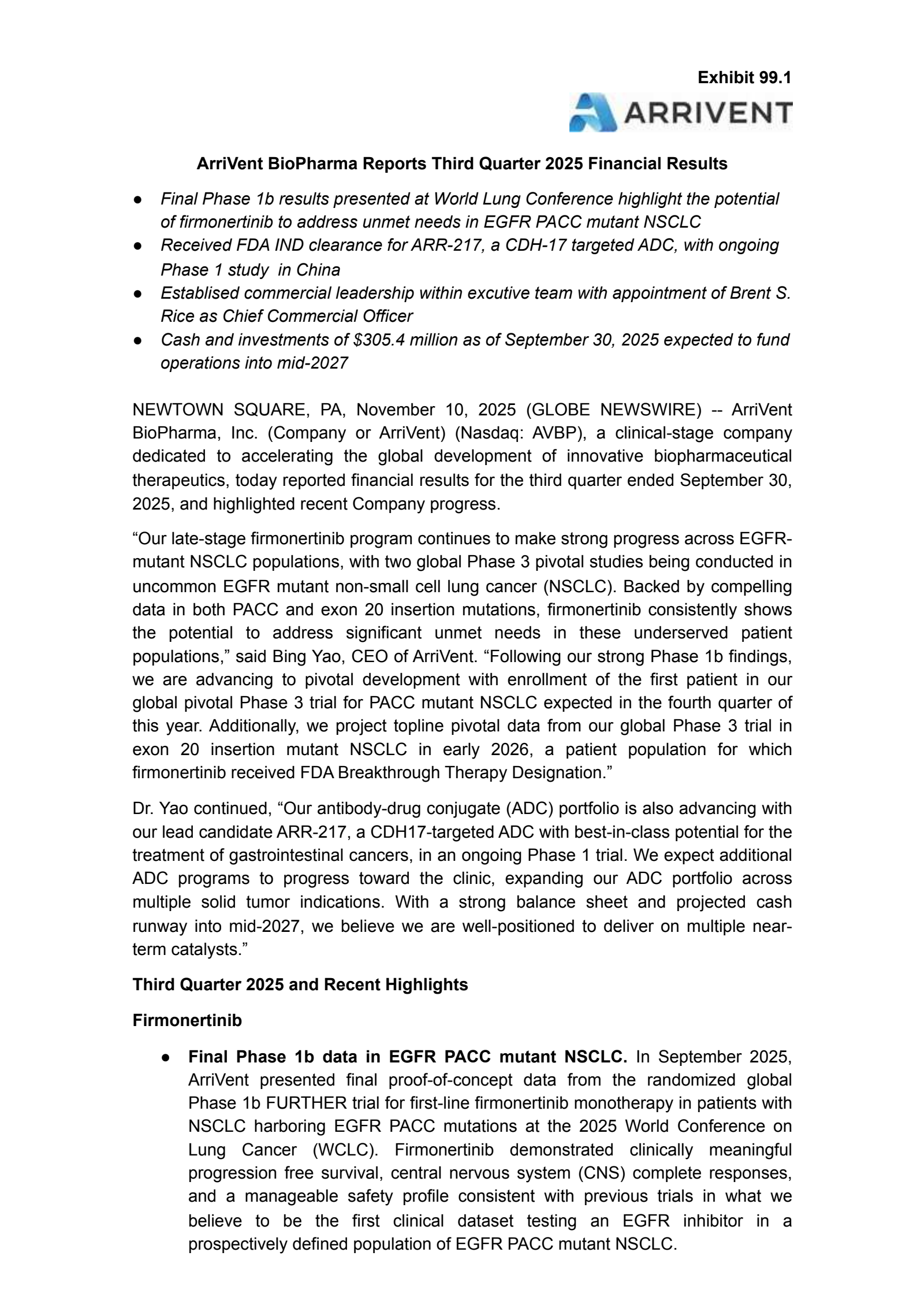 ArriVent BioPharma's Q3 2025 Earnings Release