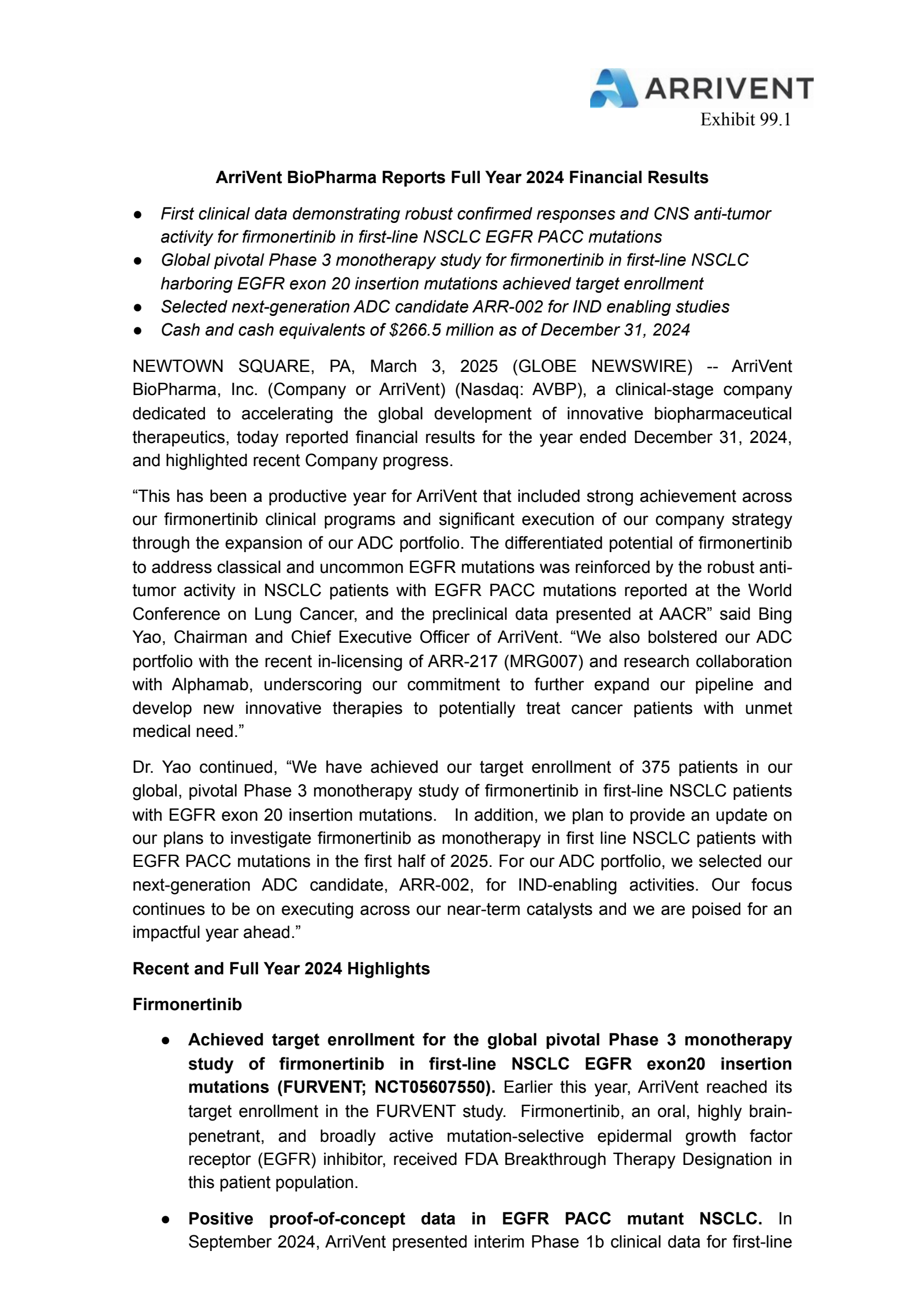 ArriVent BioPharma's Q4 2024 Press Release