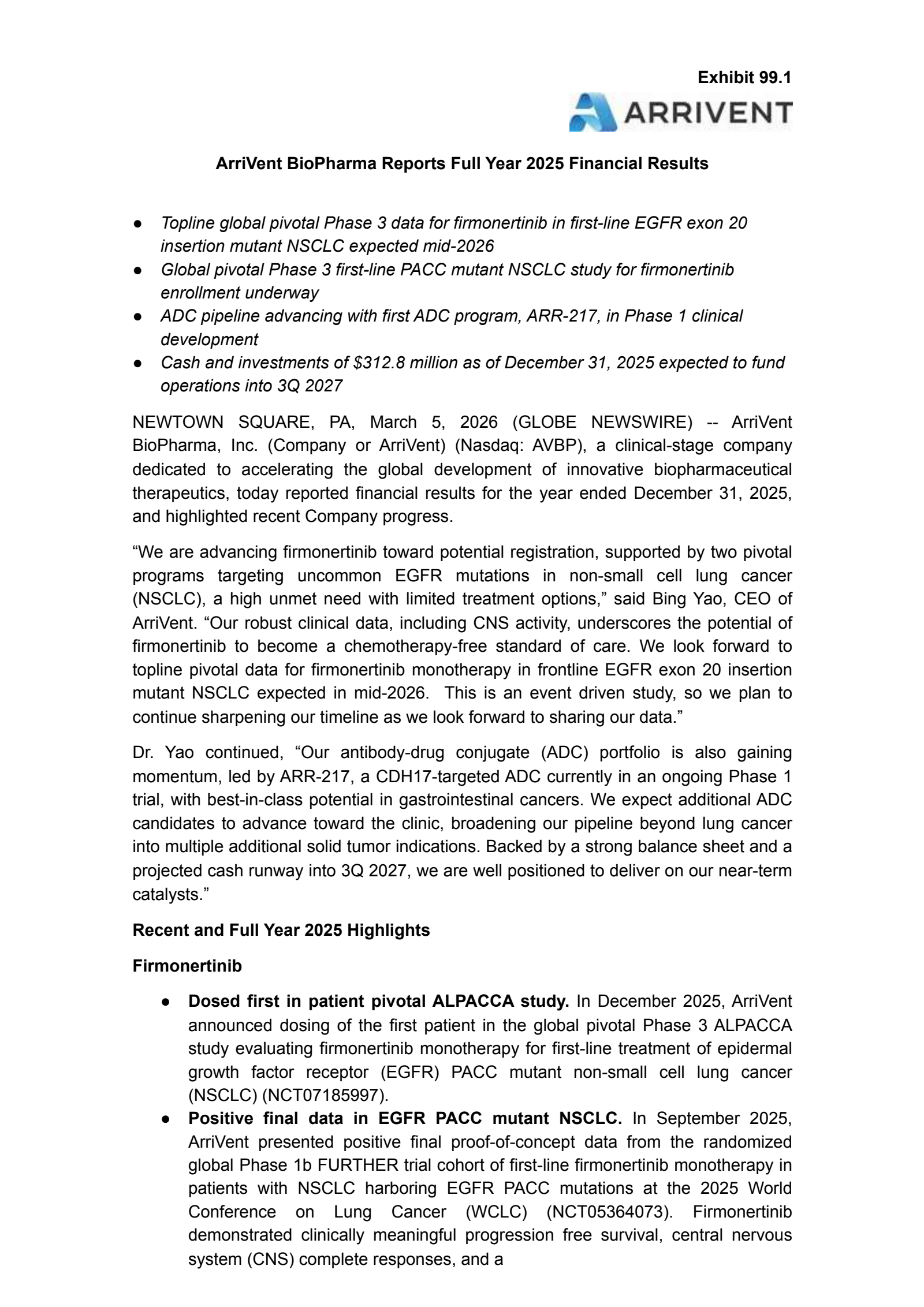 ArriVent BioPharma's Q4 2025 Press Release