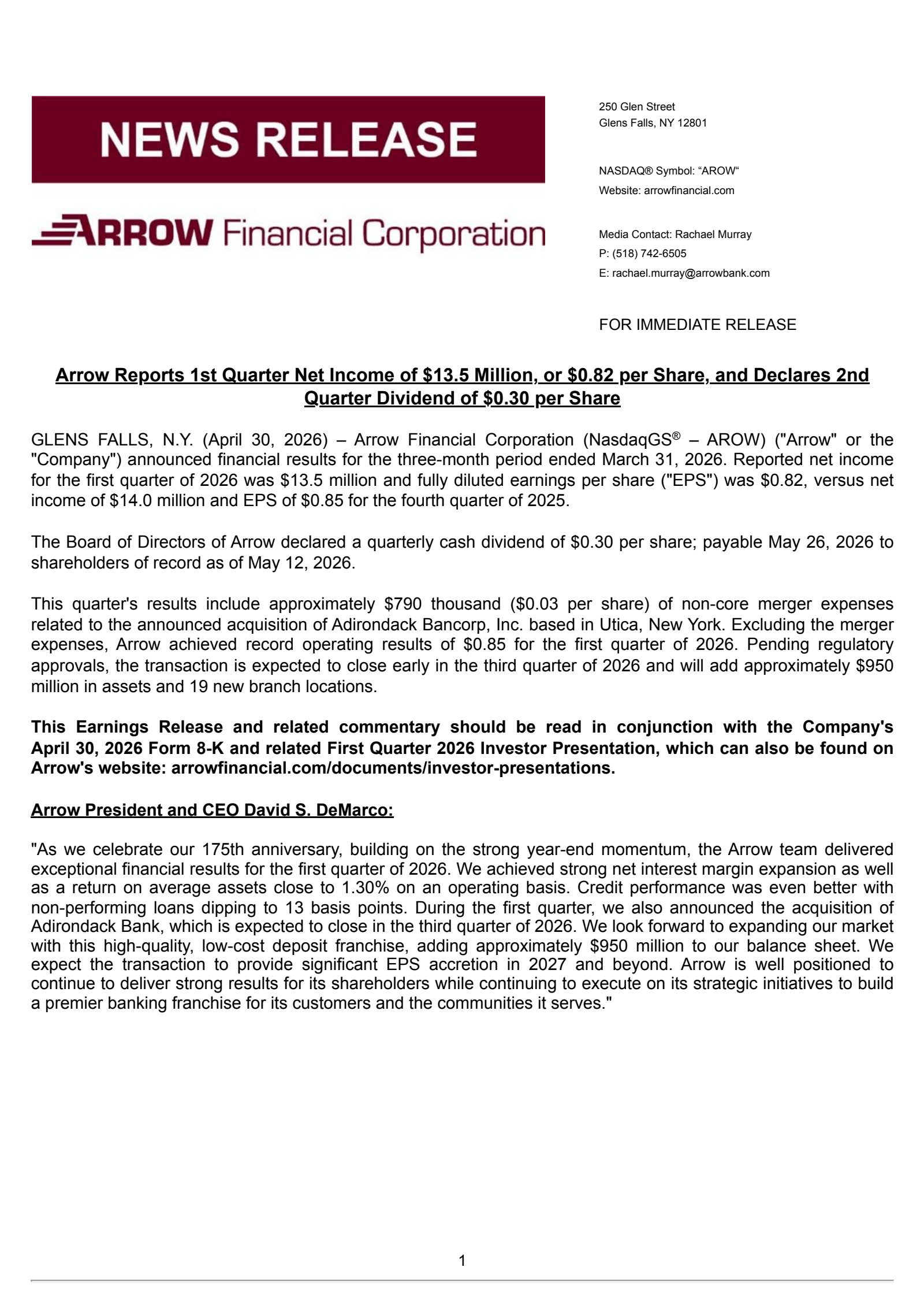 Arrow Financial's Q1 2026 Press Release