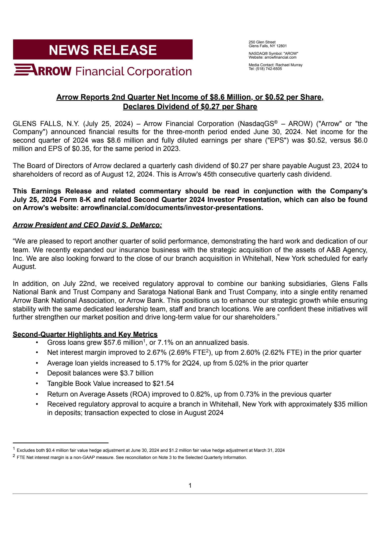 Arrow Financial's Q2 2024 Press Release