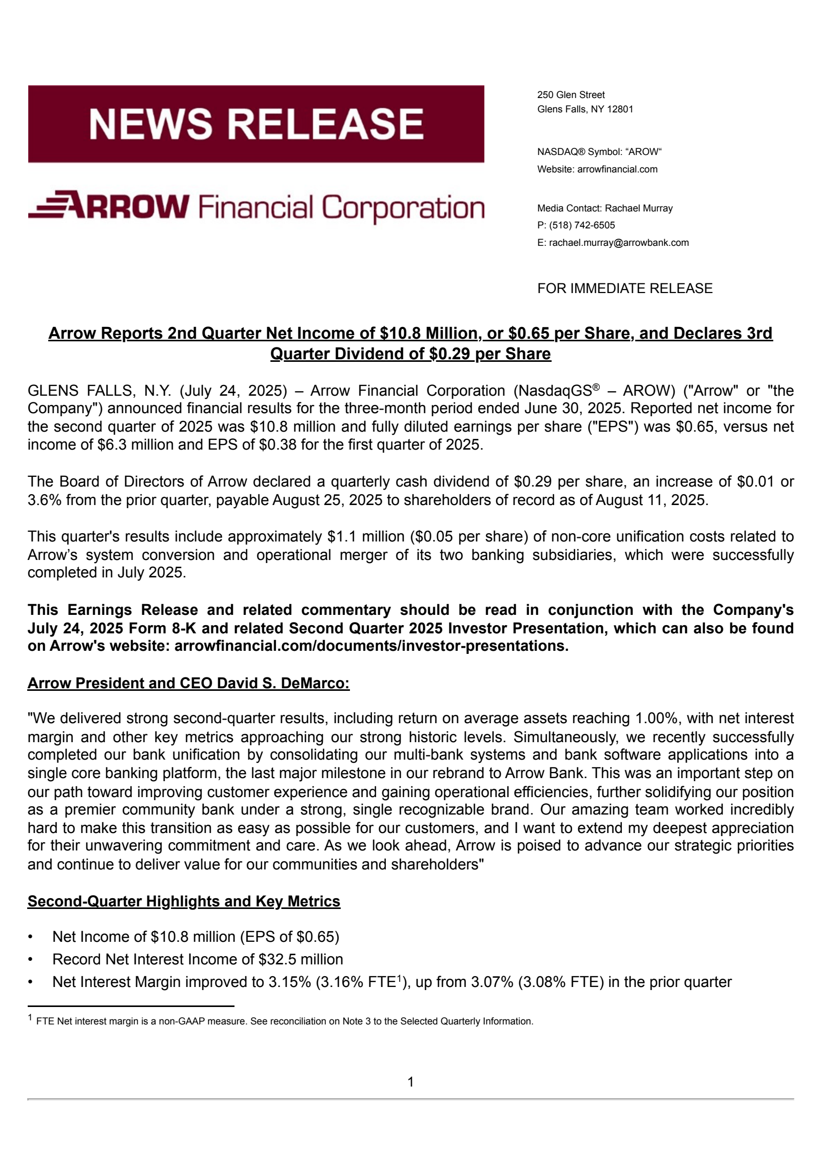 Arrow Financial's Q2 2025 Press Release