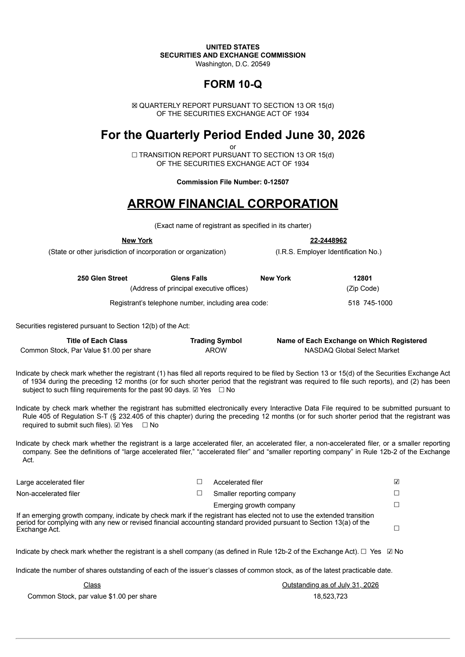 Arrow Financial's Q2 2026 Quarterly report