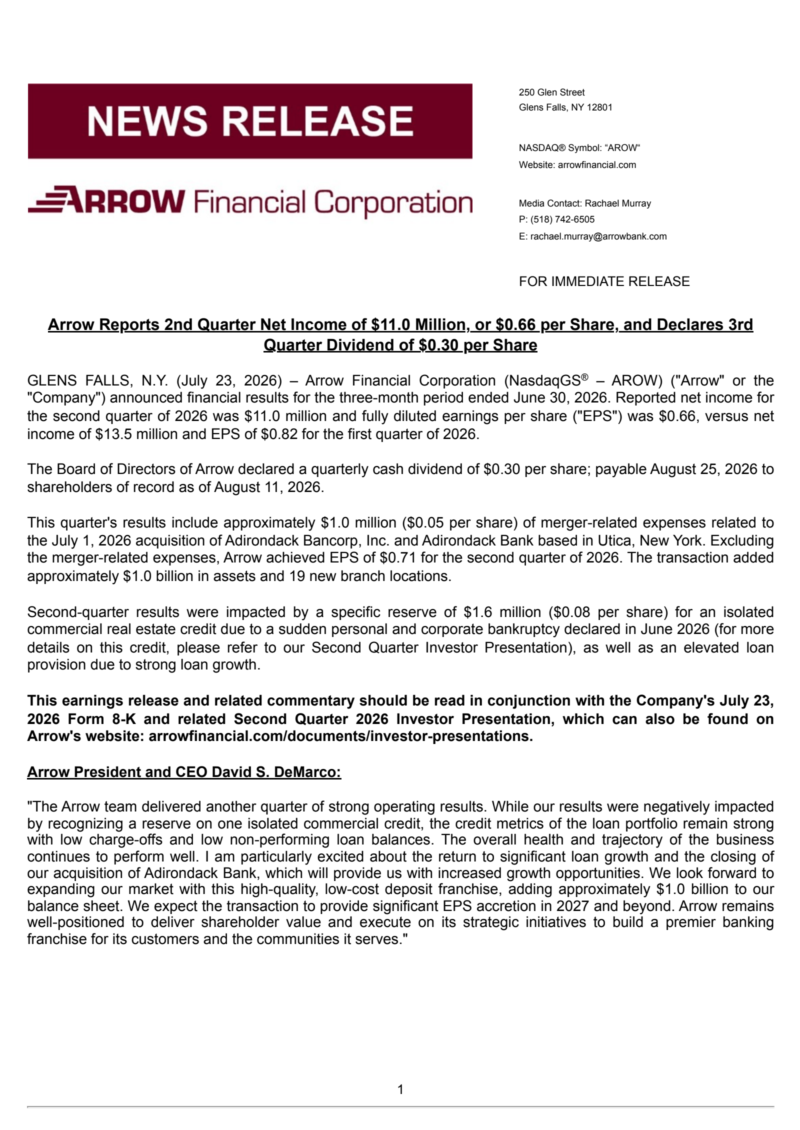 Arrow Financial's Q2 2026 Press Release