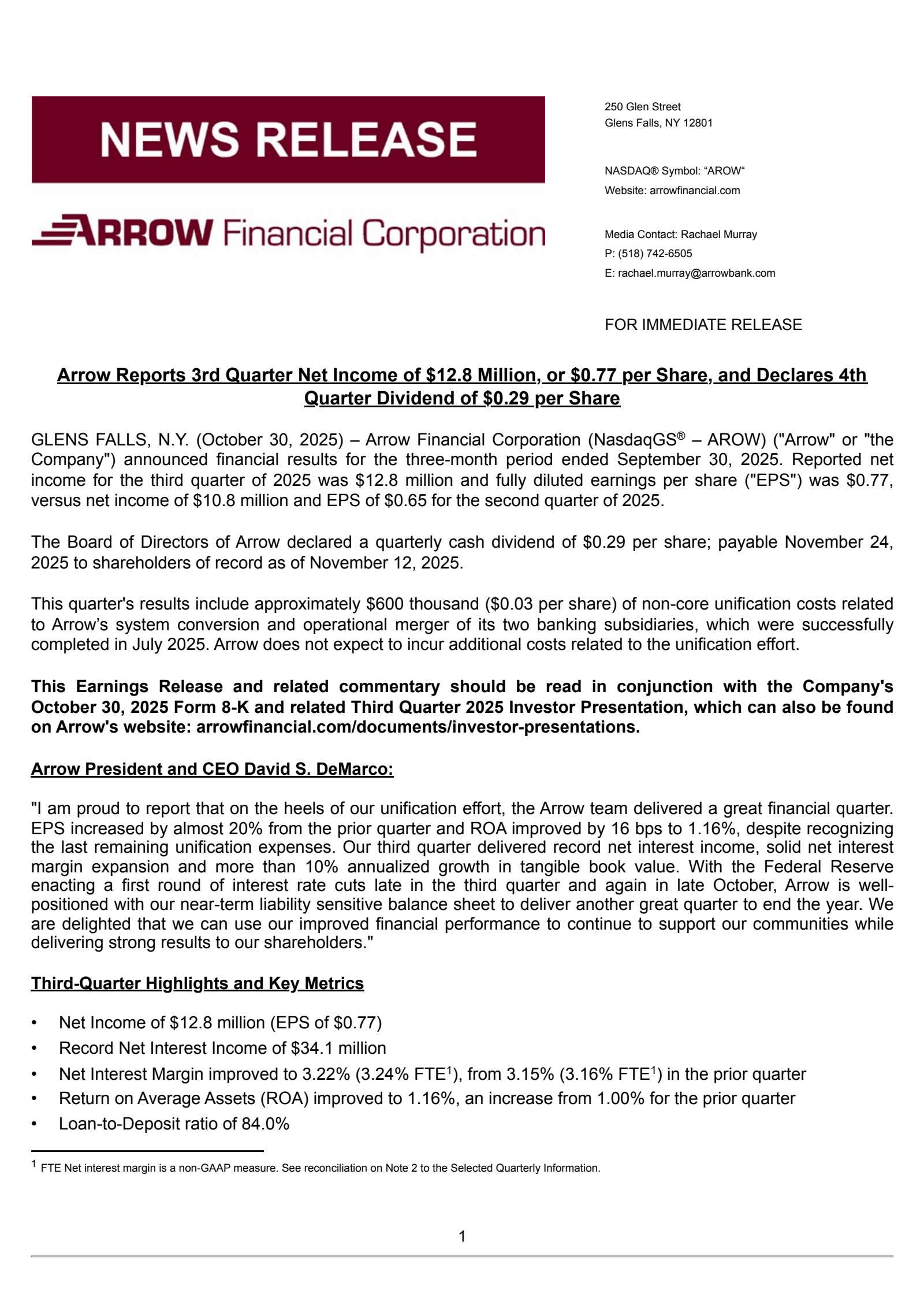 Arrow Financial's Q3 2025 Earnings Release