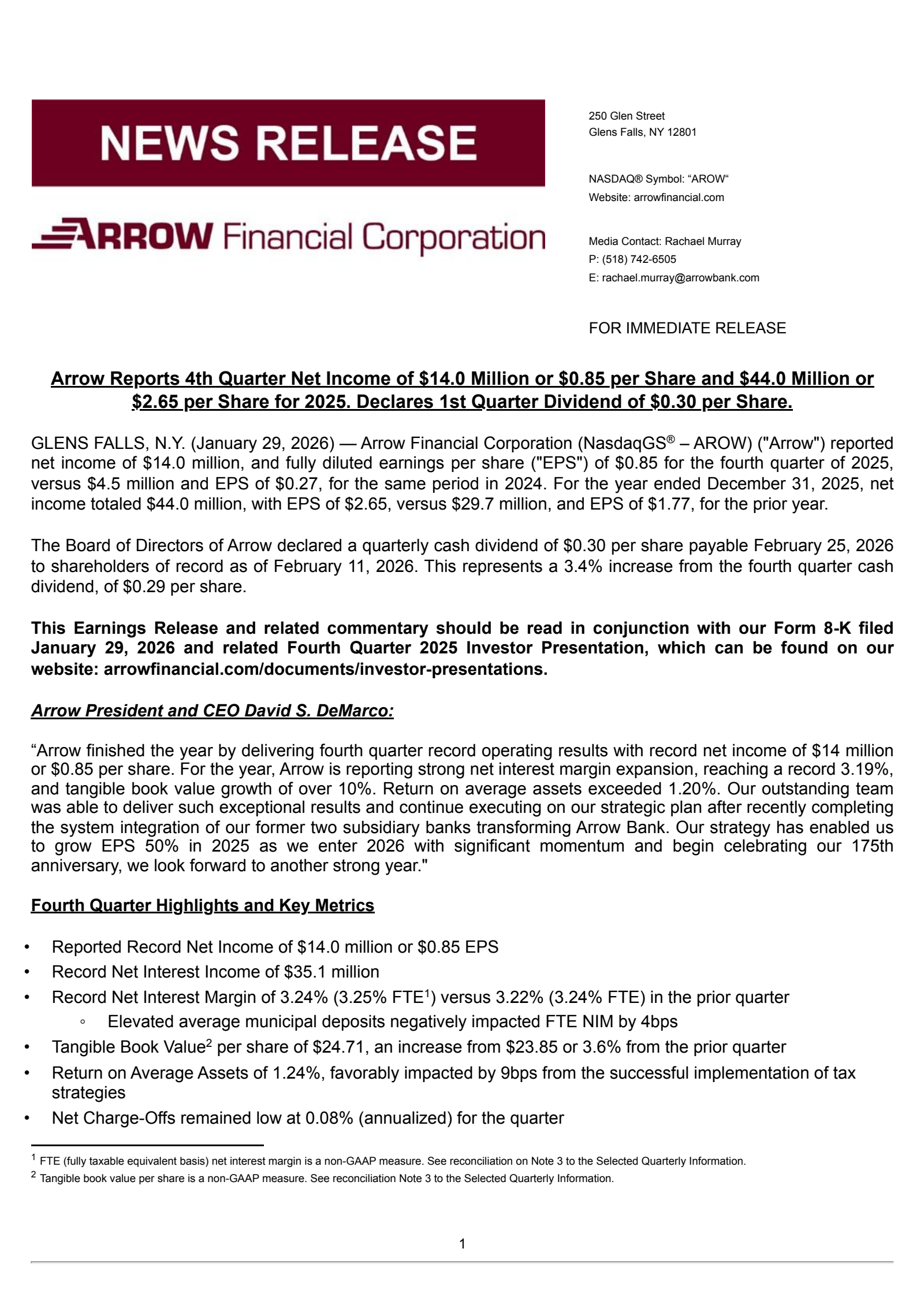 Arrow Financial's Q4 2025 Press Release