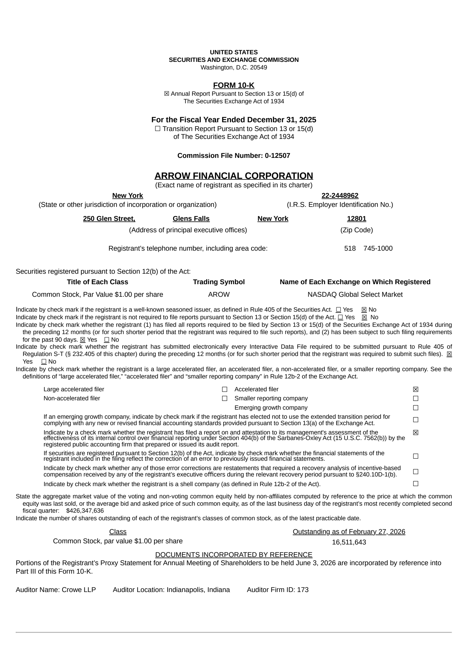 Arrow Financial's Q4 2025 Annual report