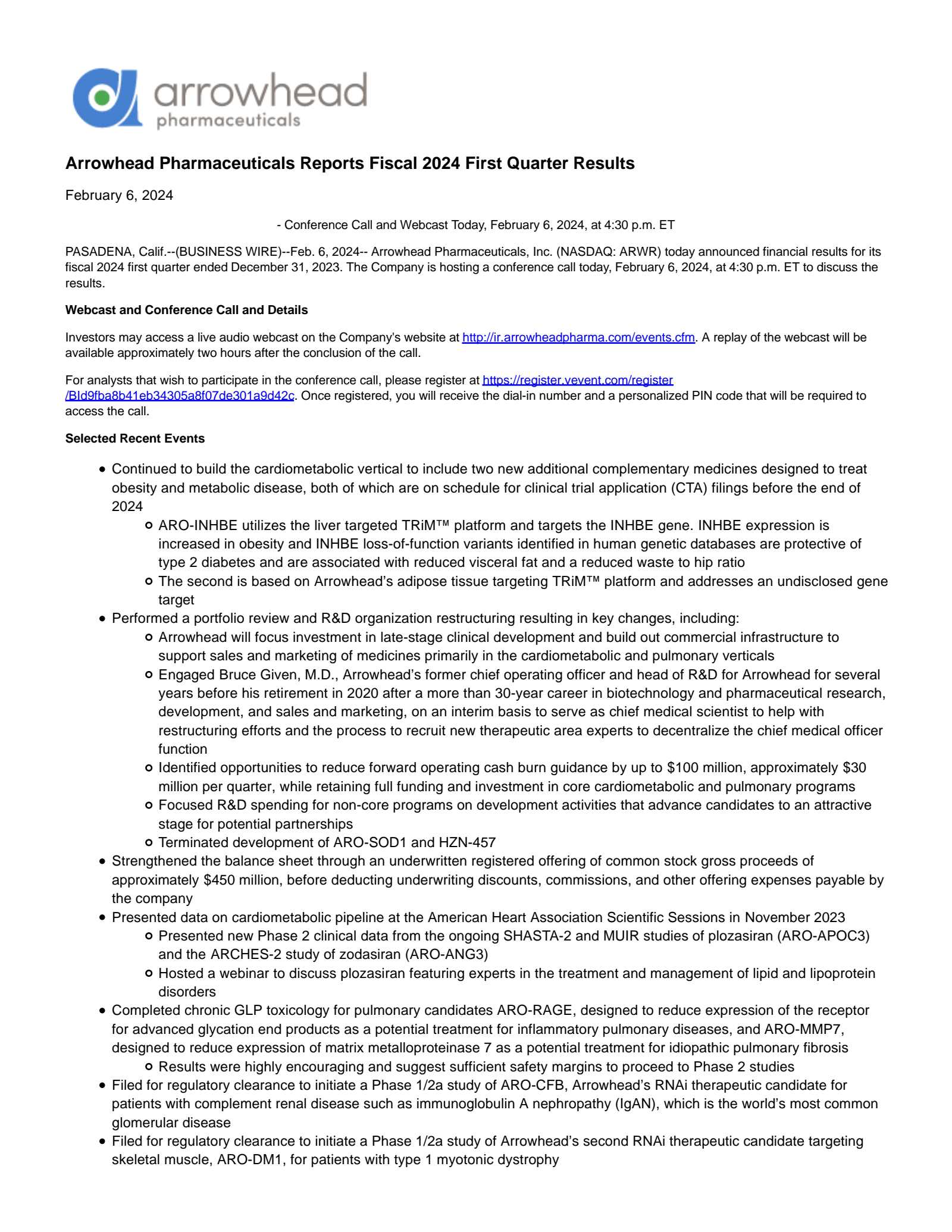 Arrowhead Pharmaceuticals' Q1 2024 Press Release