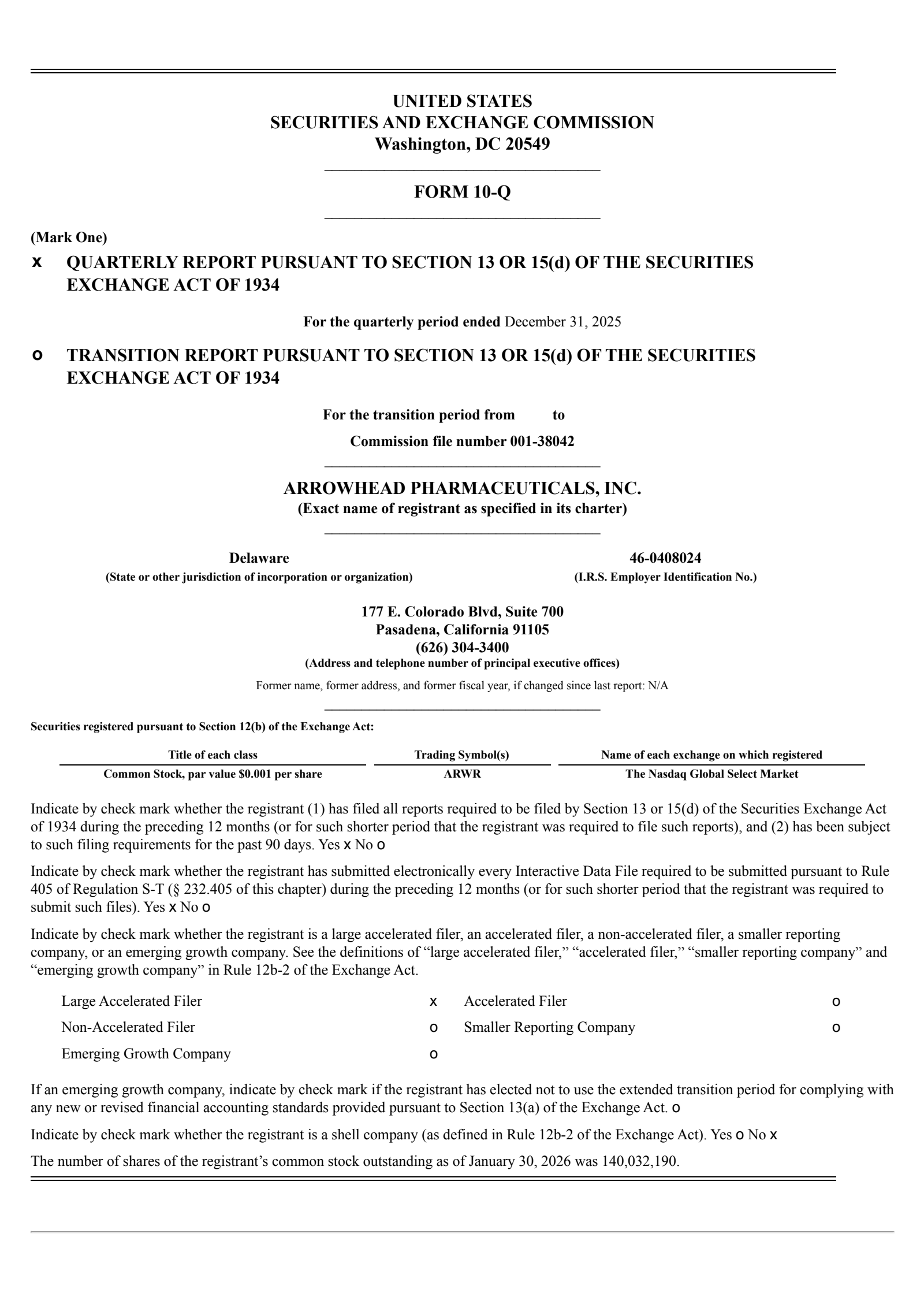 Arrowhead Pharmaceuticals' Q1 2026 Quarterly report