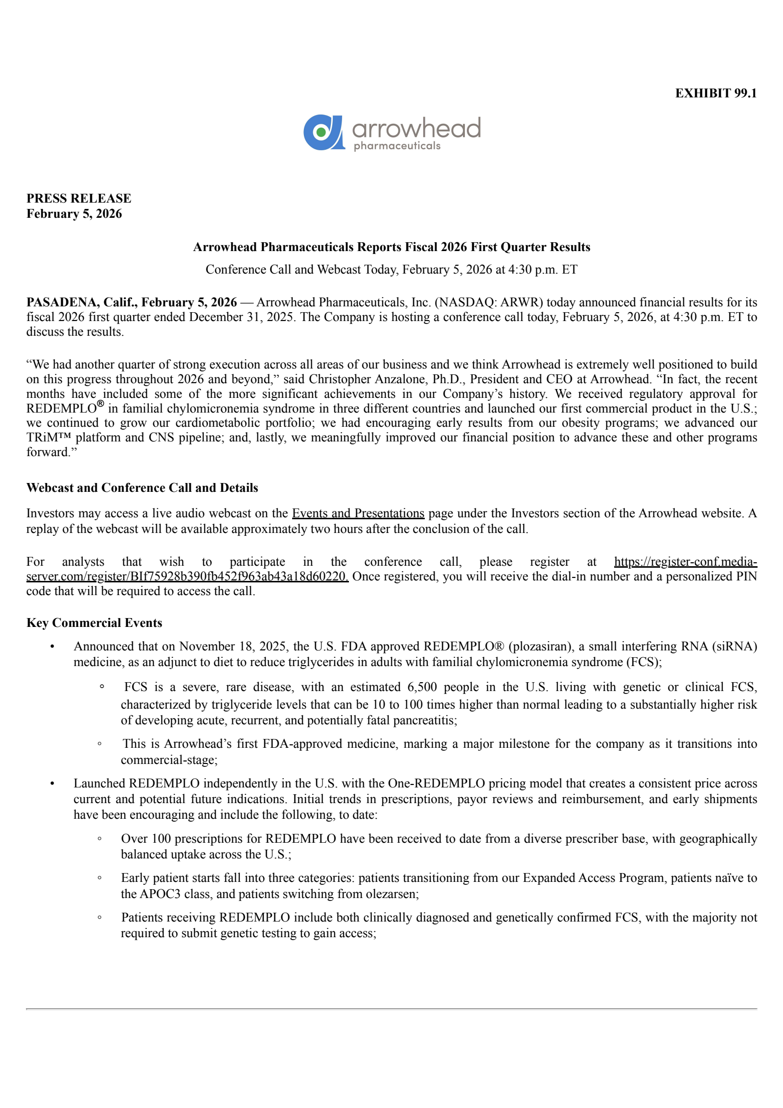 Arrowhead Pharmaceuticals' Q1 2026 Press Release