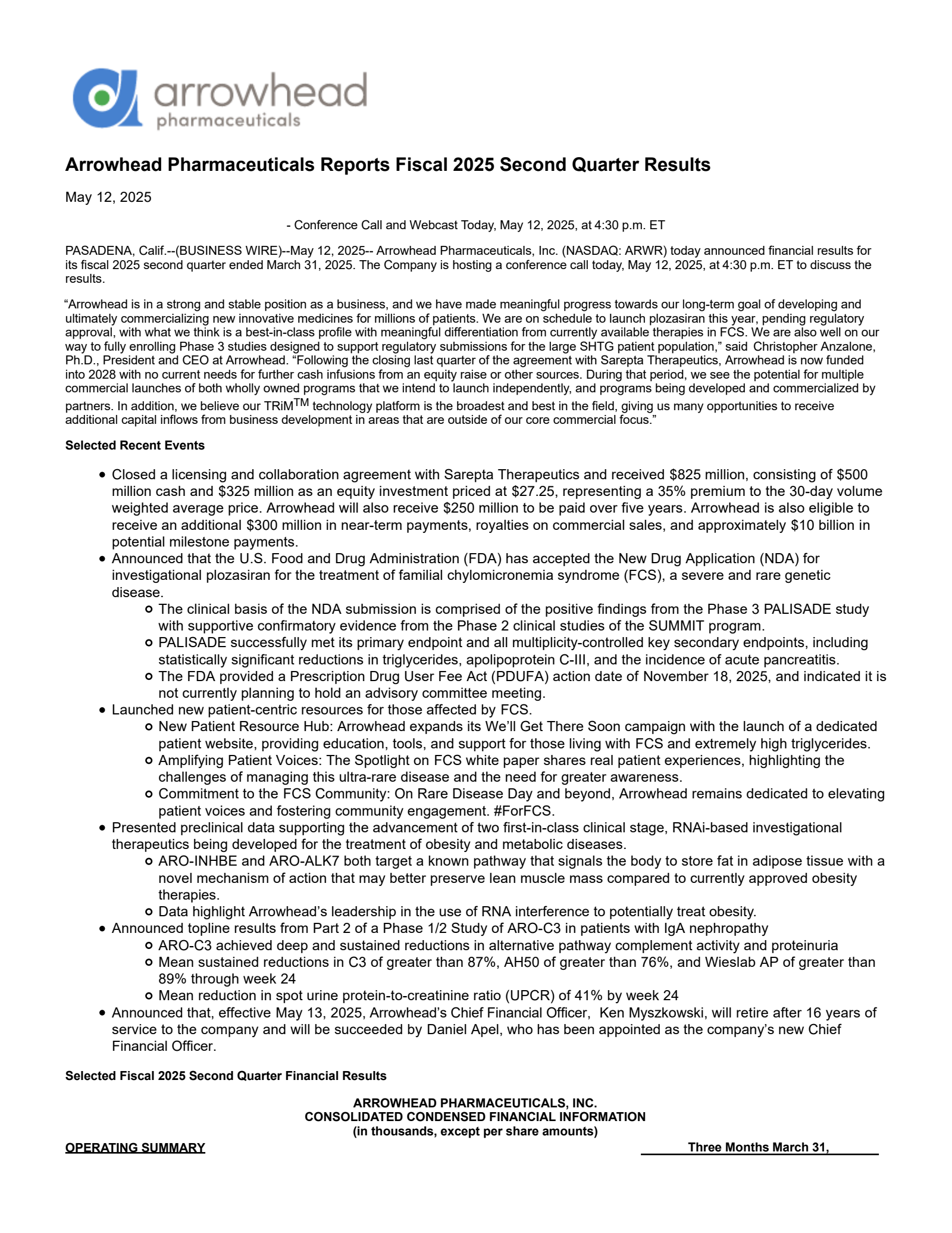 Arrowhead Pharmaceuticals' Q2 2025 Press Release