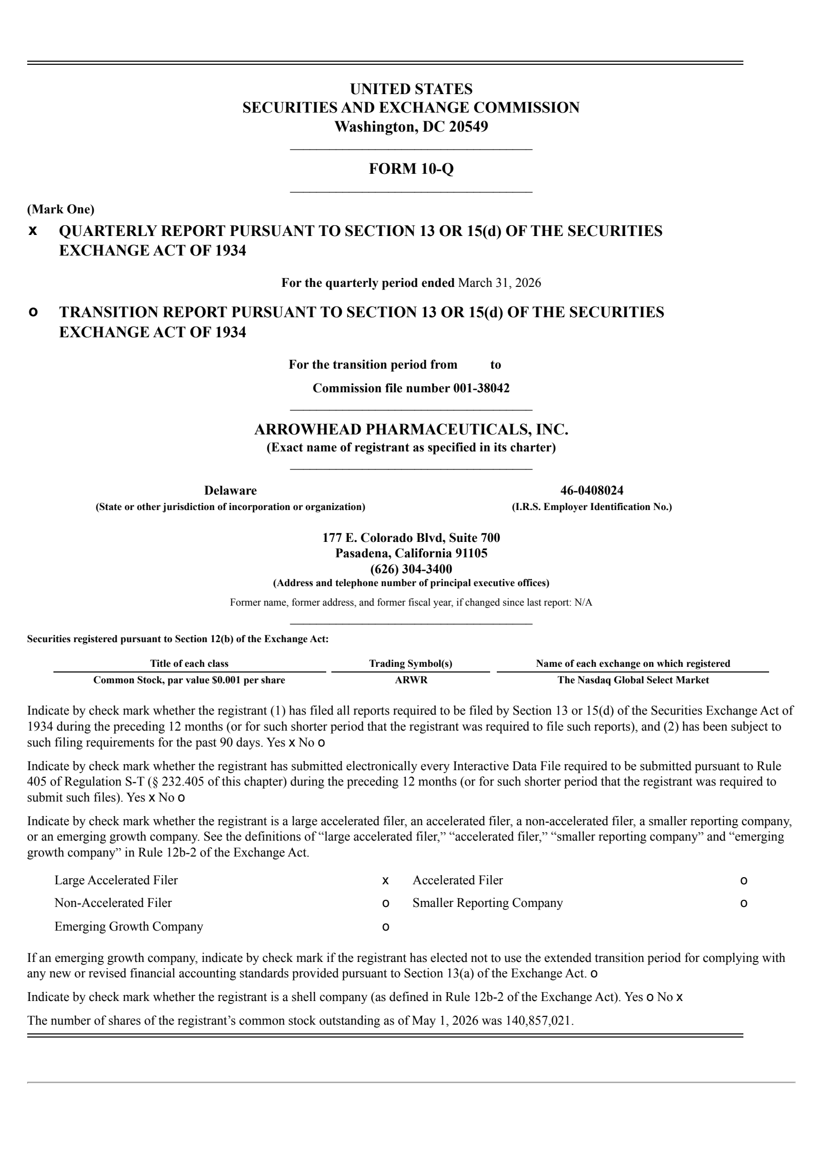 Arrowhead Pharmaceuticals' Q2 2026 Quarterly report