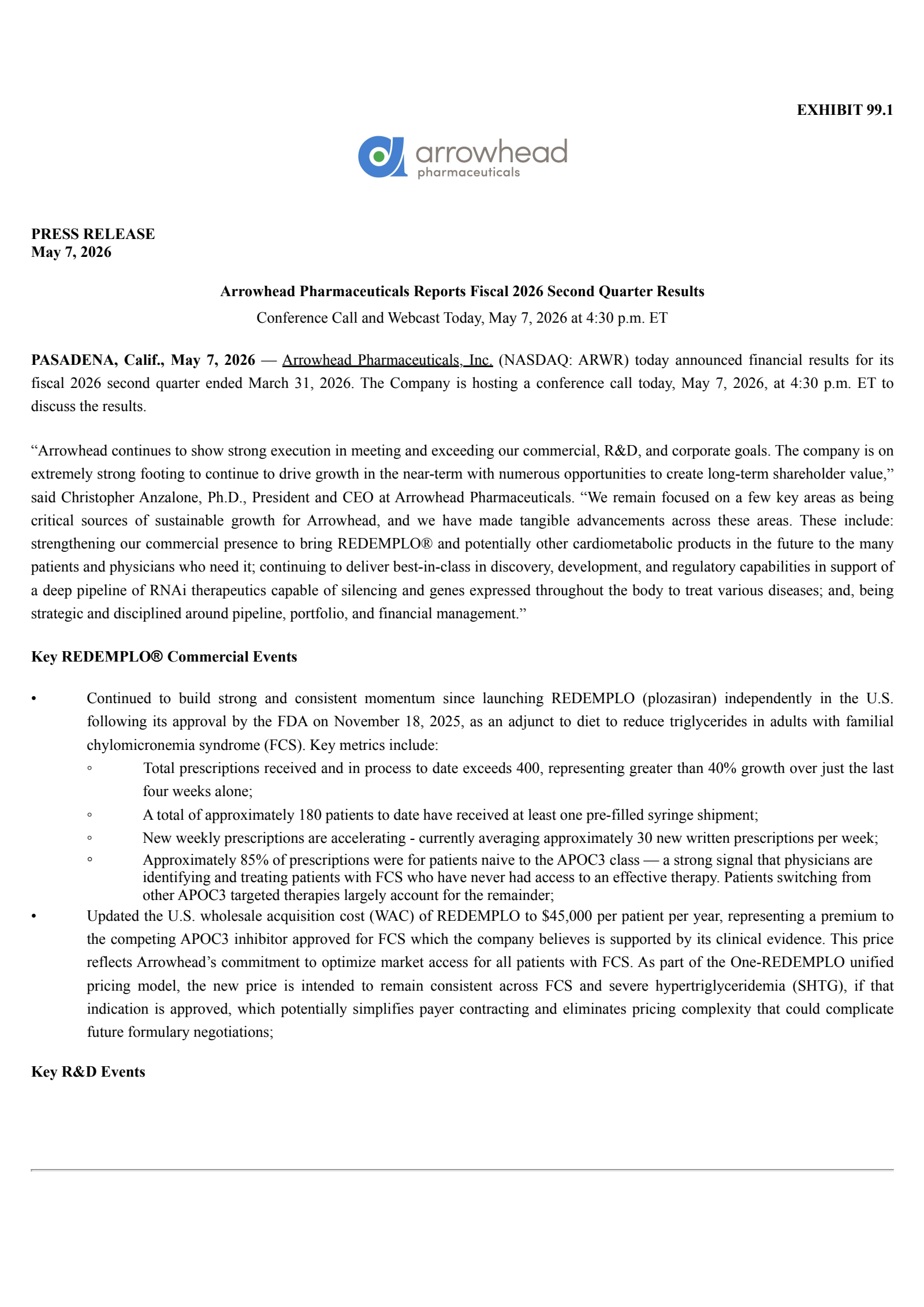 Arrowhead Pharmaceuticals' Q2 2026 Press Release