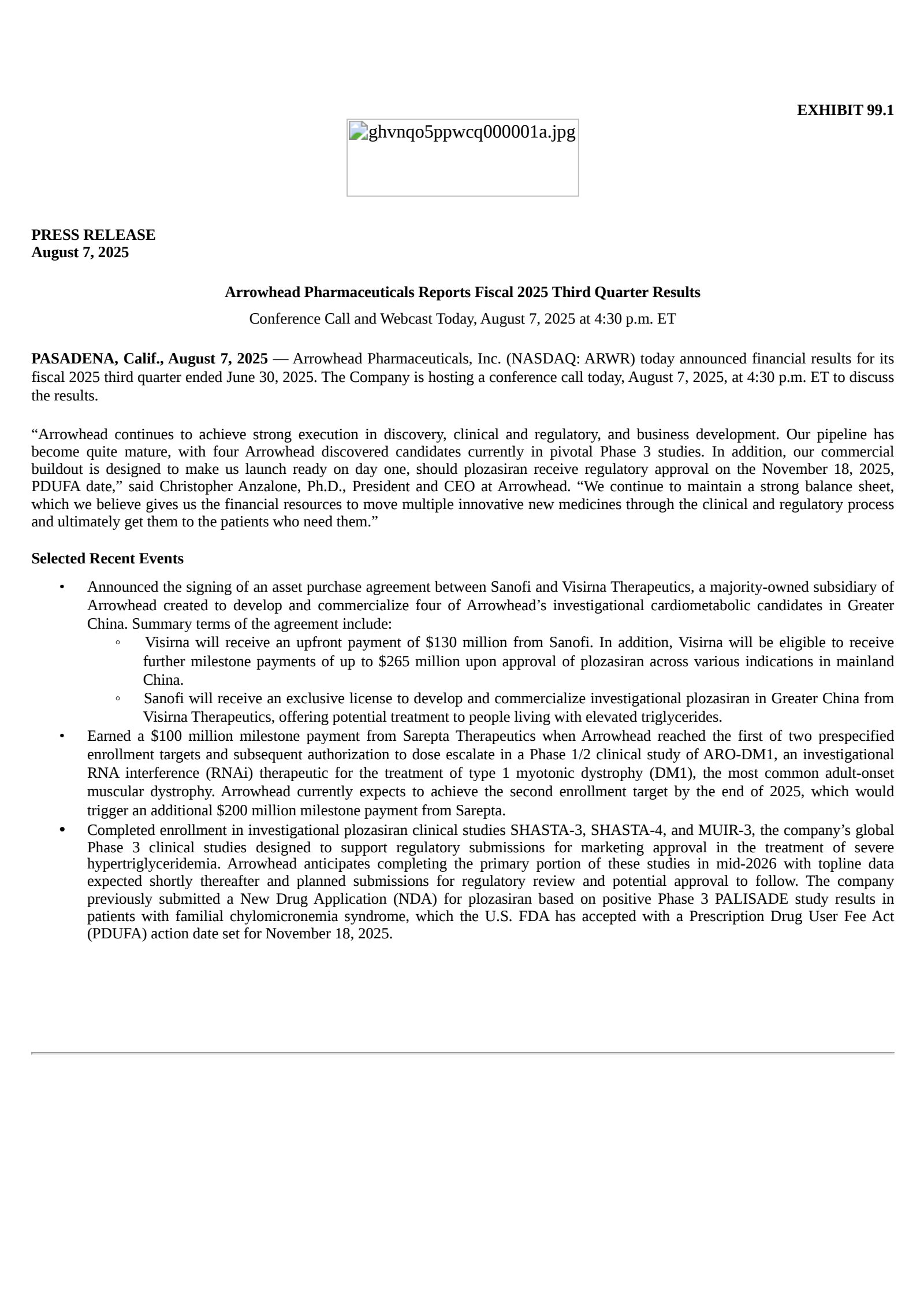 Arrowhead Pharmaceuticals' Q3 2025 Press Release