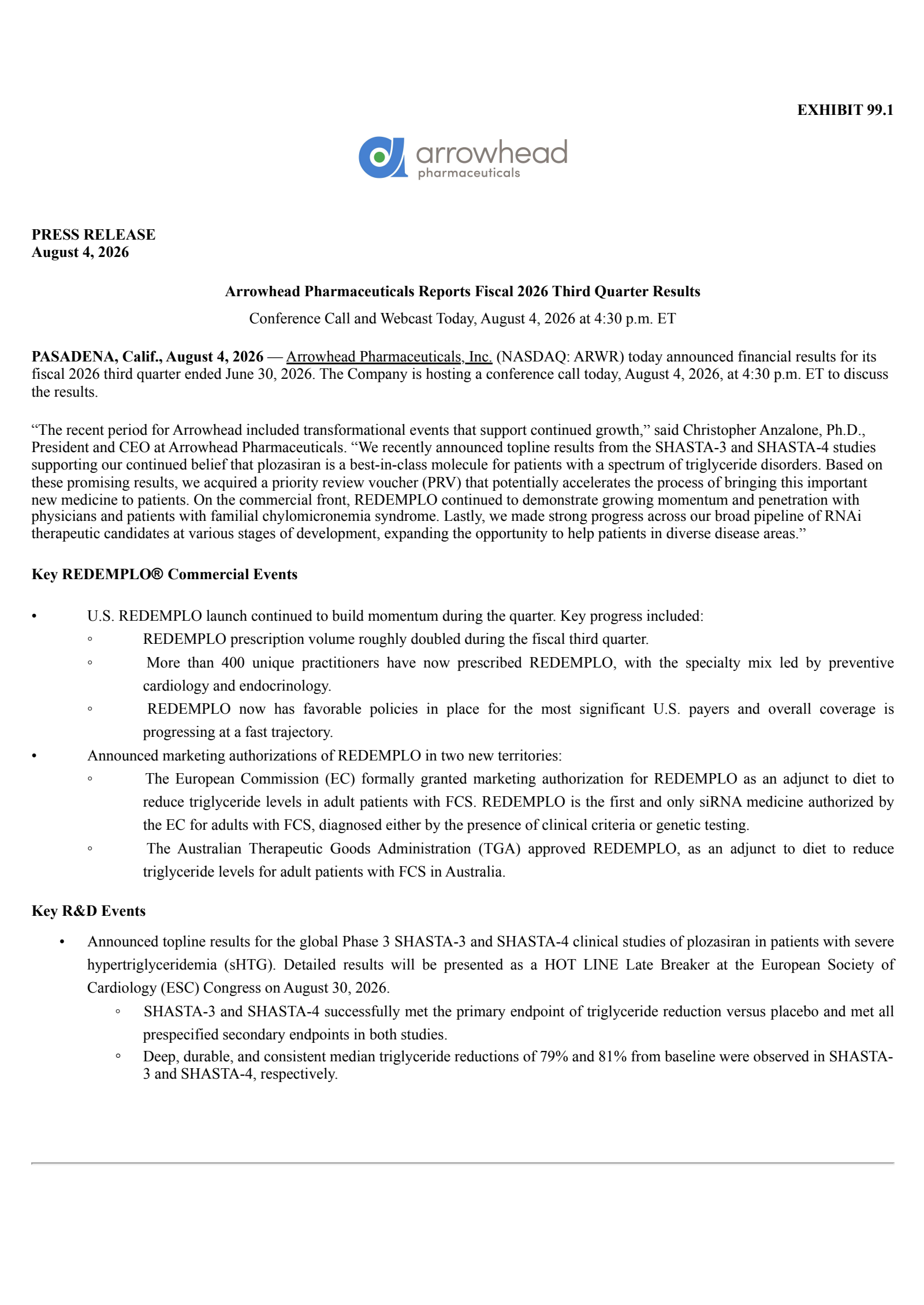 Arrowhead Pharmaceuticals' Q3 2026 Press Release
