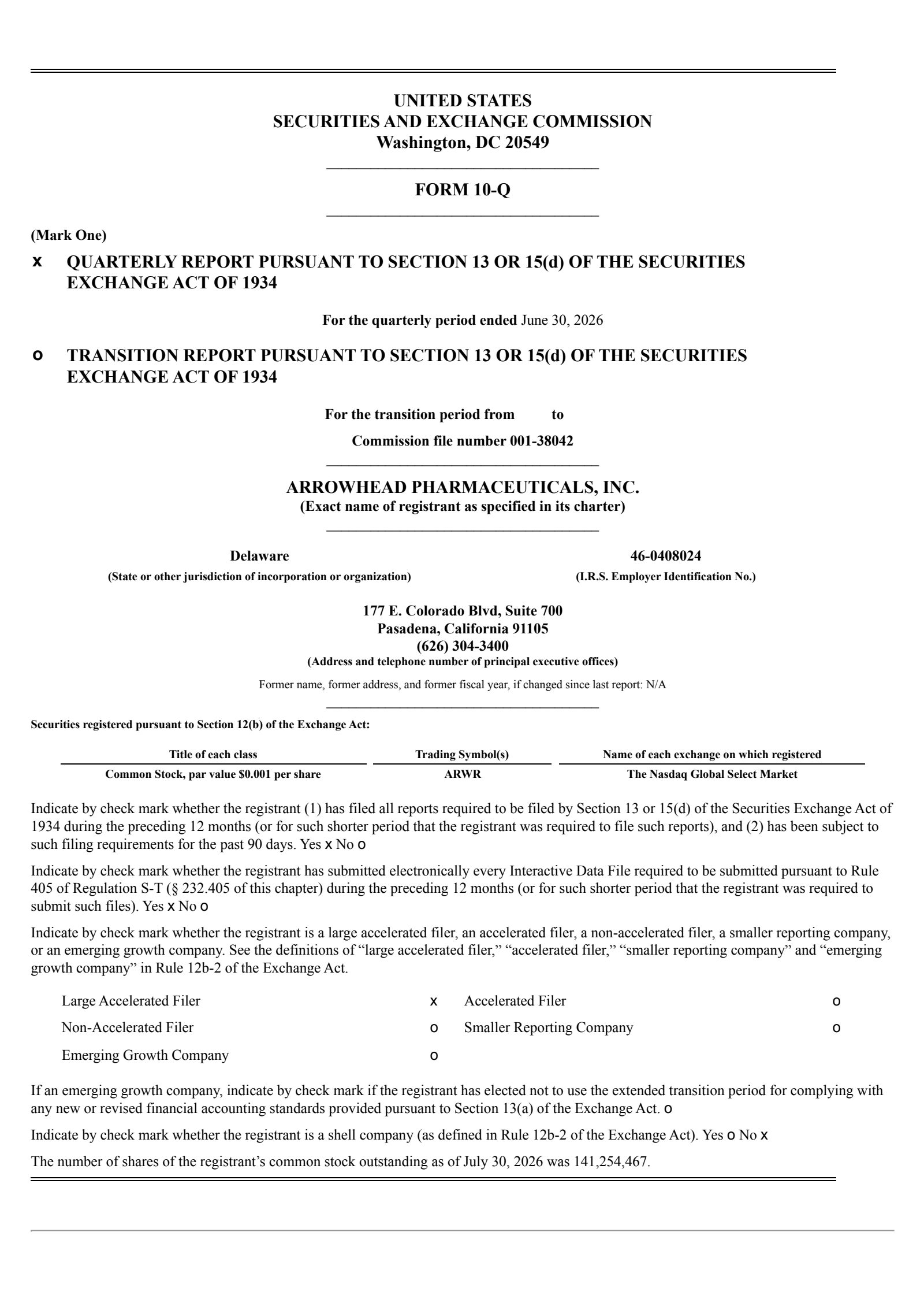 Arrowhead Pharmaceuticals' Q3 2026 Quarterly report