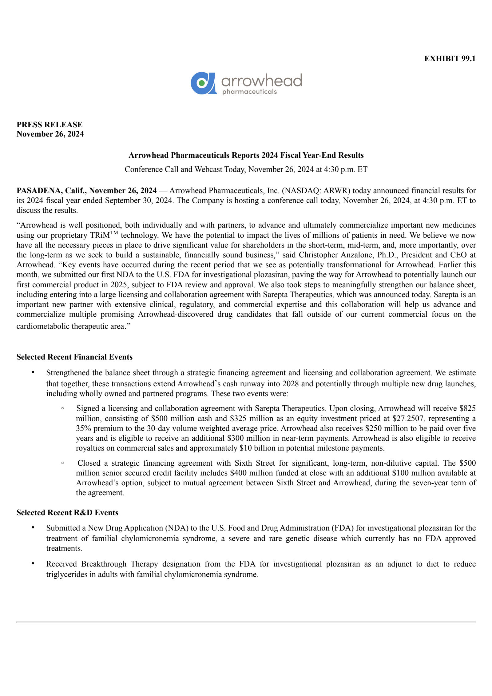 Arrowhead Pharmaceuticals' Q4 2024 Press Release