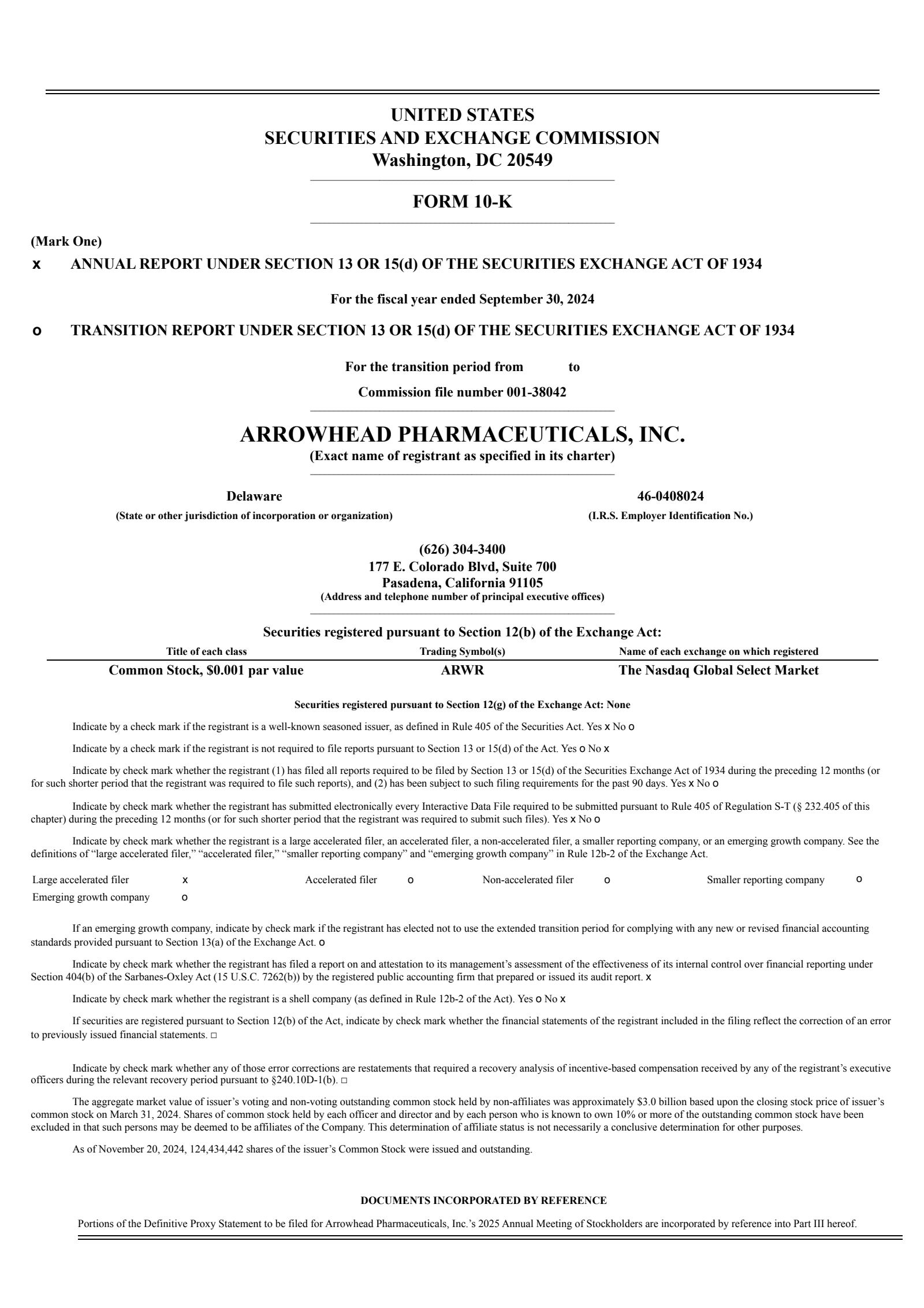 Arrowhead Pharmaceuticals' Q4 2024 Annual report