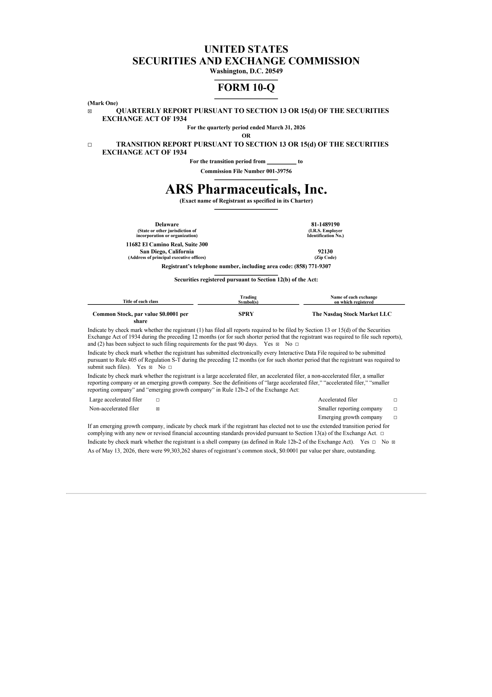 ARS Pharmaceuticals' Q1 2026 Quarterly report