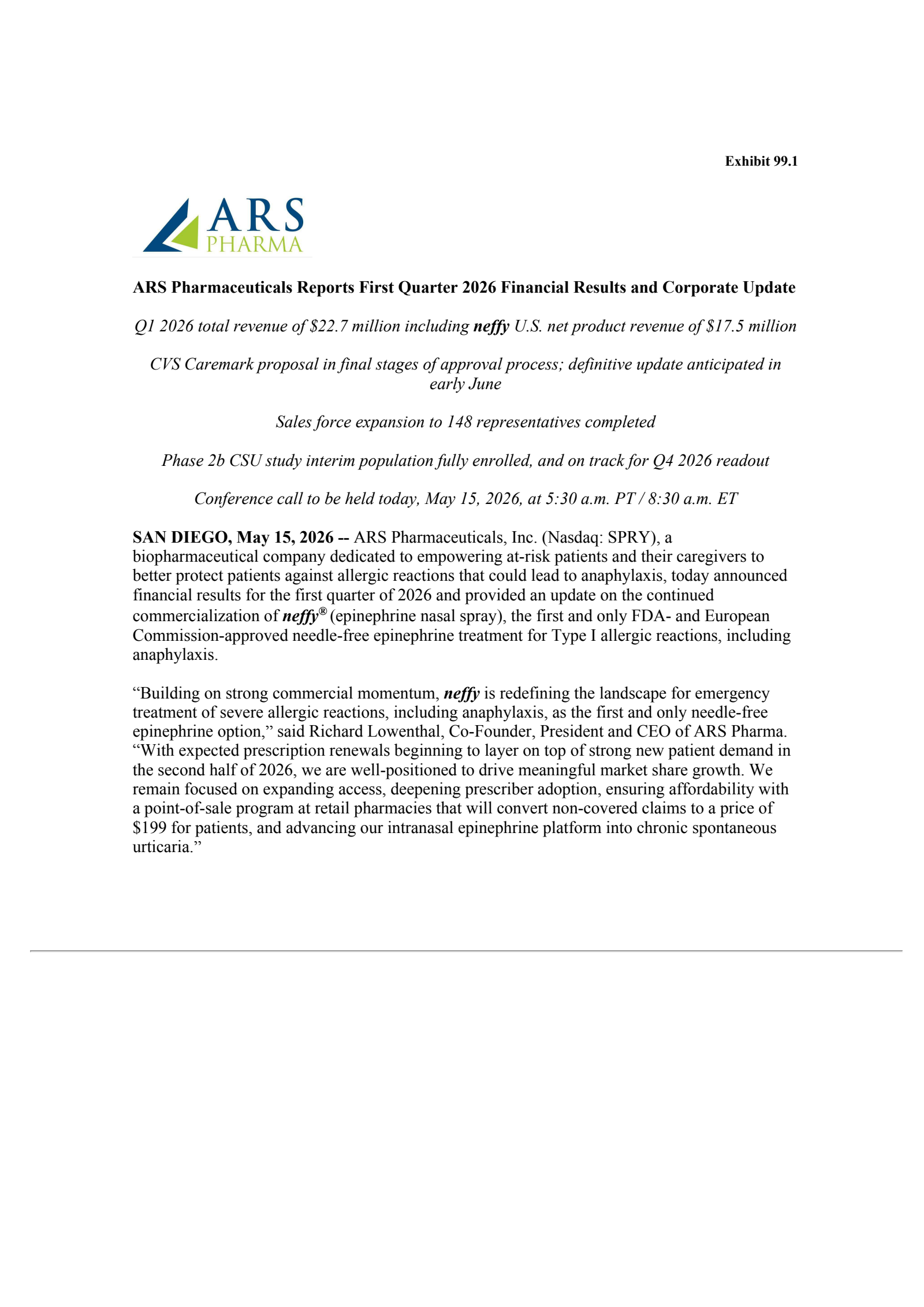ARS Pharmaceuticals' Q1 2026 Press Release